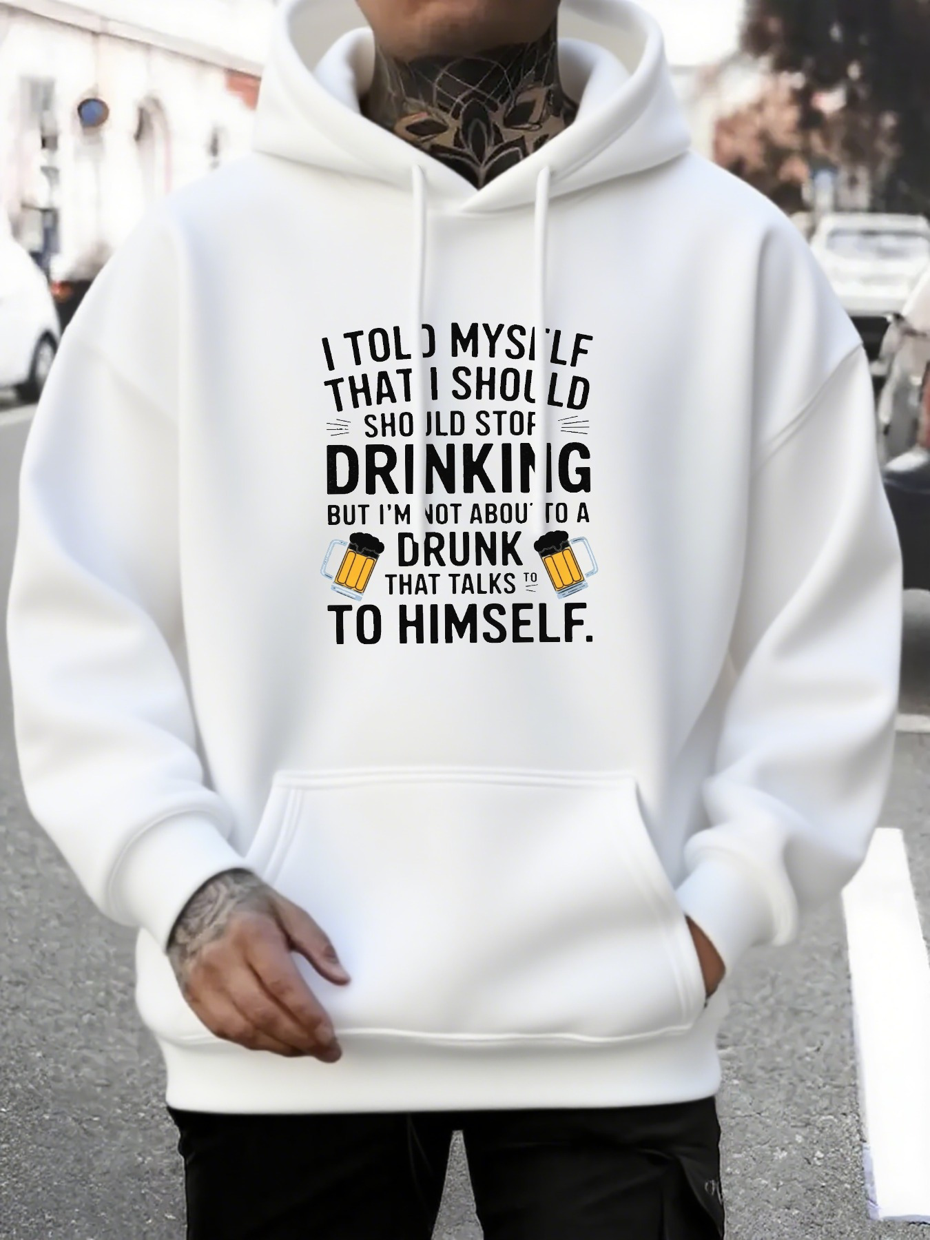 Tailorly Men's Printed Hoodie - Funny Self Talk Printed White Hoodie With Beer Glass Illustration Humor Quote