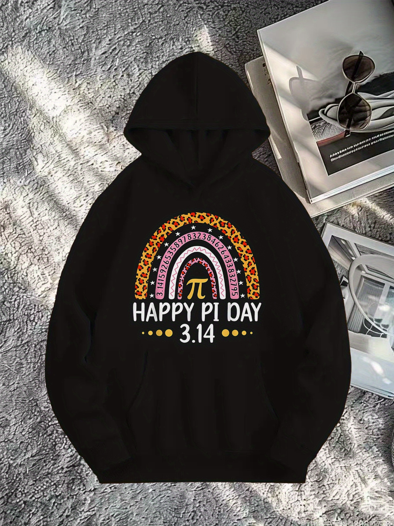 Tailorly Men's Printed Hoodie - Happy Pi Day Colorful Patterned Rainbow With Sprinkles And Dots Under The Number Pi