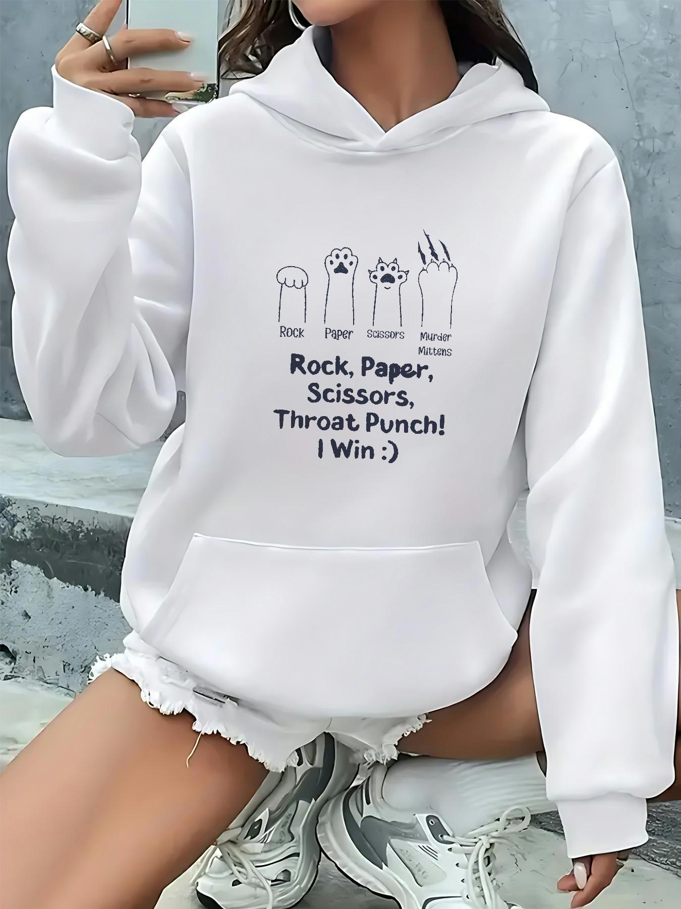 Tailorly Women's Printed Hoodie - Rock Paper Scissors Throat Punch I Win With Funny Hand Gesture Drawing