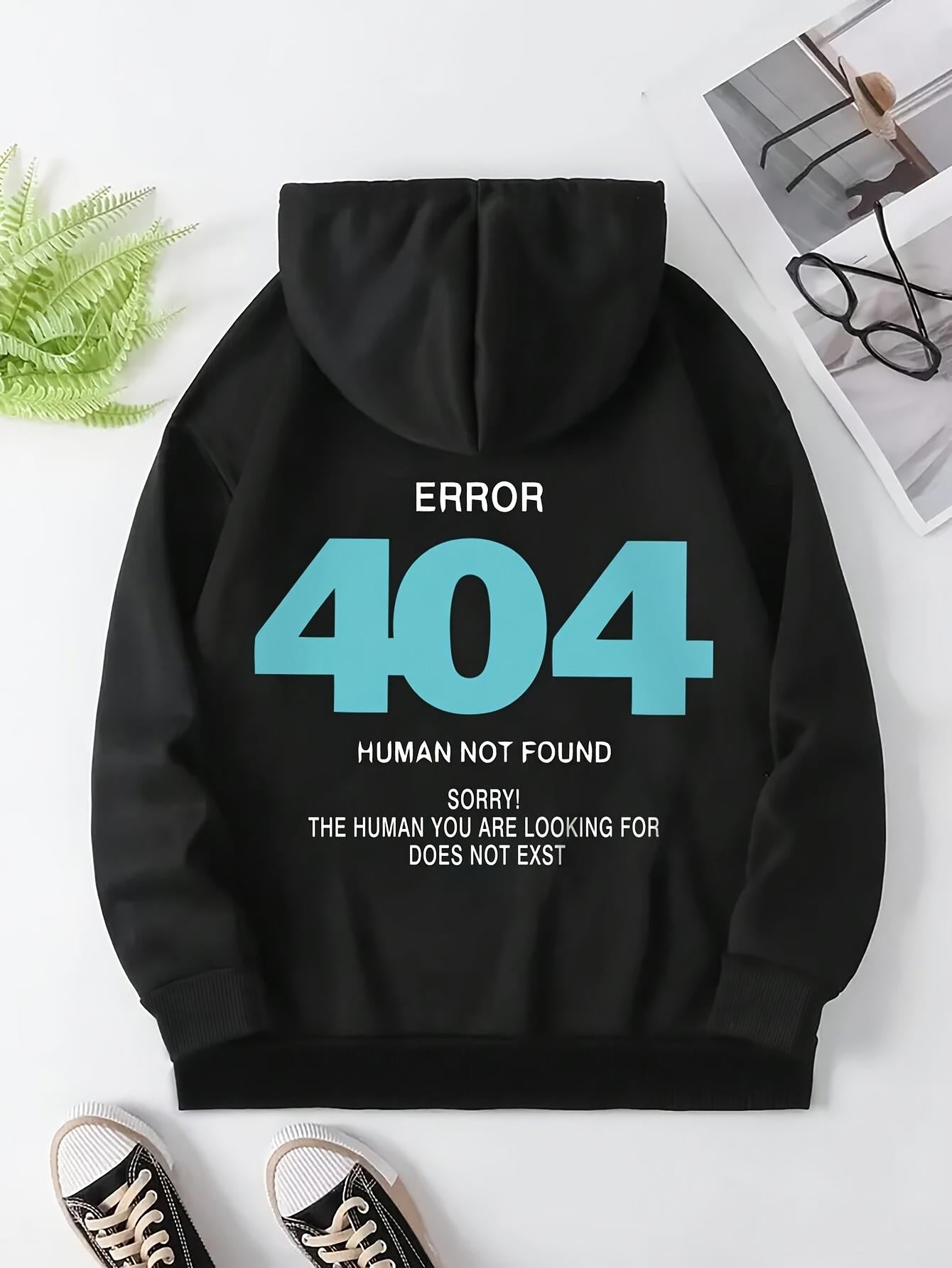 Tailorly Women's Printed Hoodie - Error 404 Human Not Found With Blue Bold Text On Black Hoodie