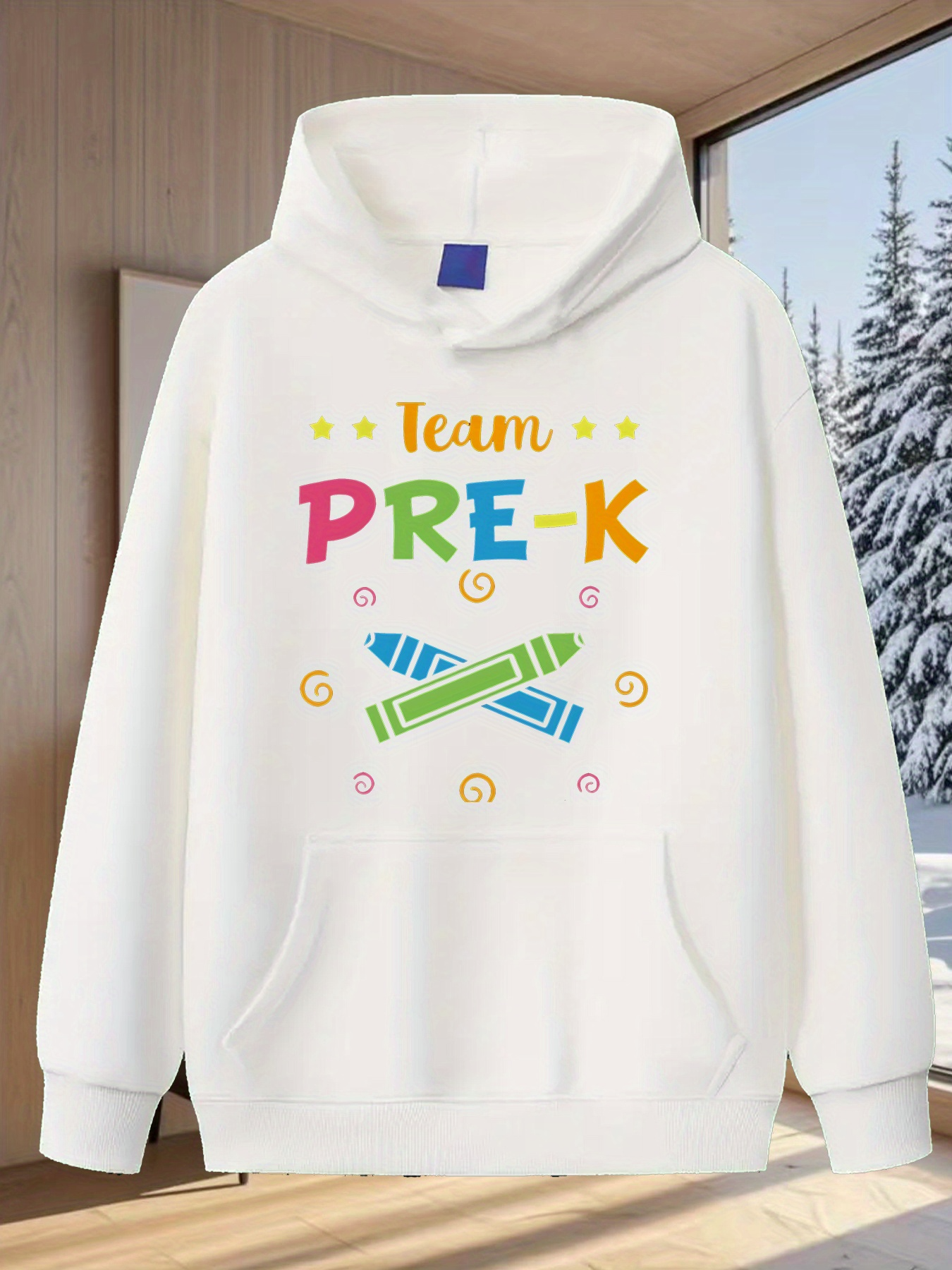Tailorly Men's Printed Hoodie - Team Pre K Colorful Crayon With Swirling Doodle Lines And Playful Shapes Crayon