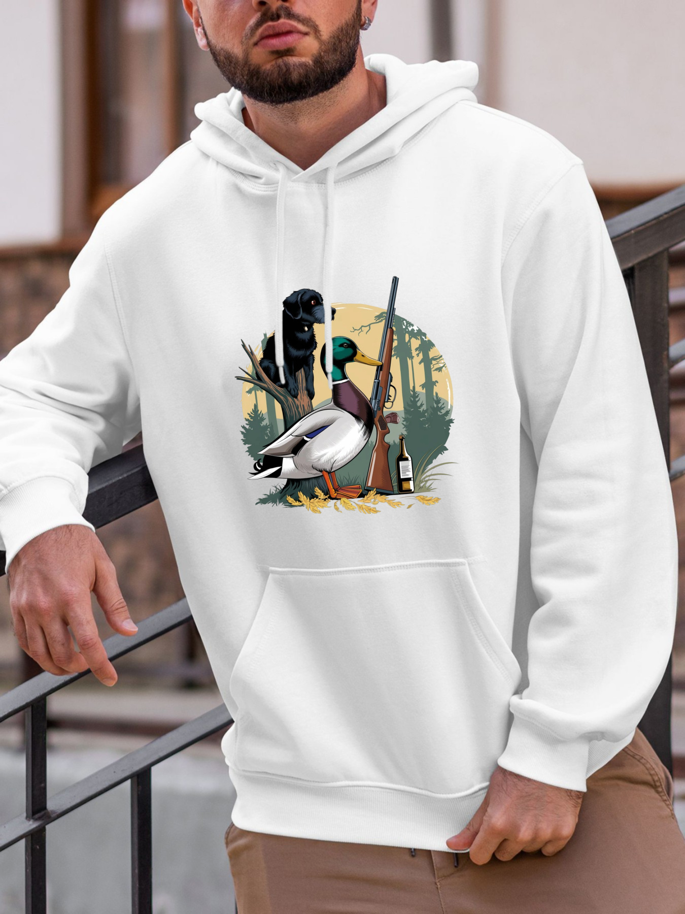 Tailorly Men's Printed Hoodie - Sunset Marshland With Wild Duck And Hunting Equipment Duck