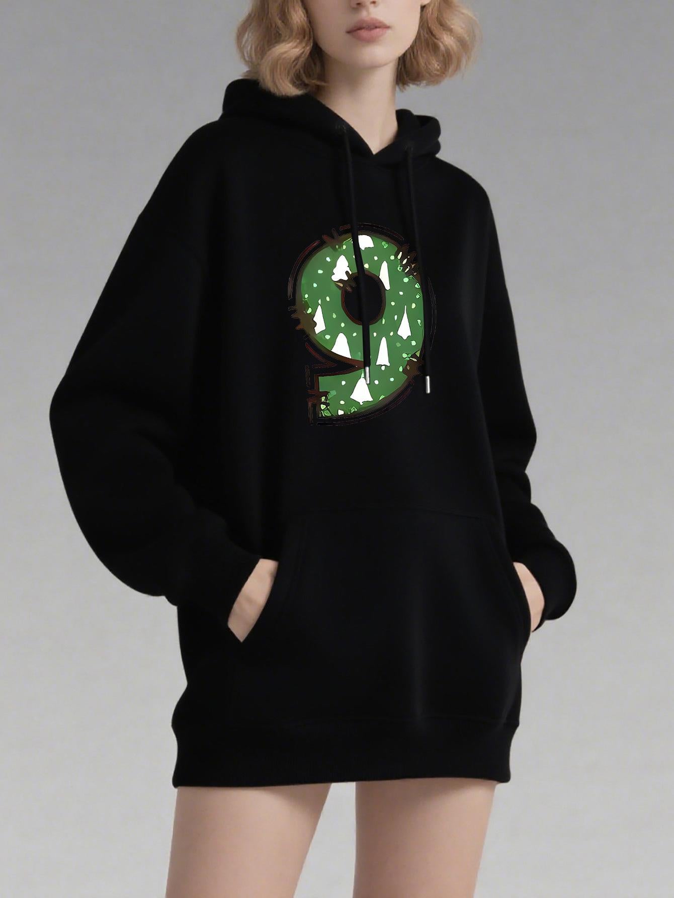 Tailorly Women's Printed Hoodie - Glittering Green Patterned Number Nine Hoodie
