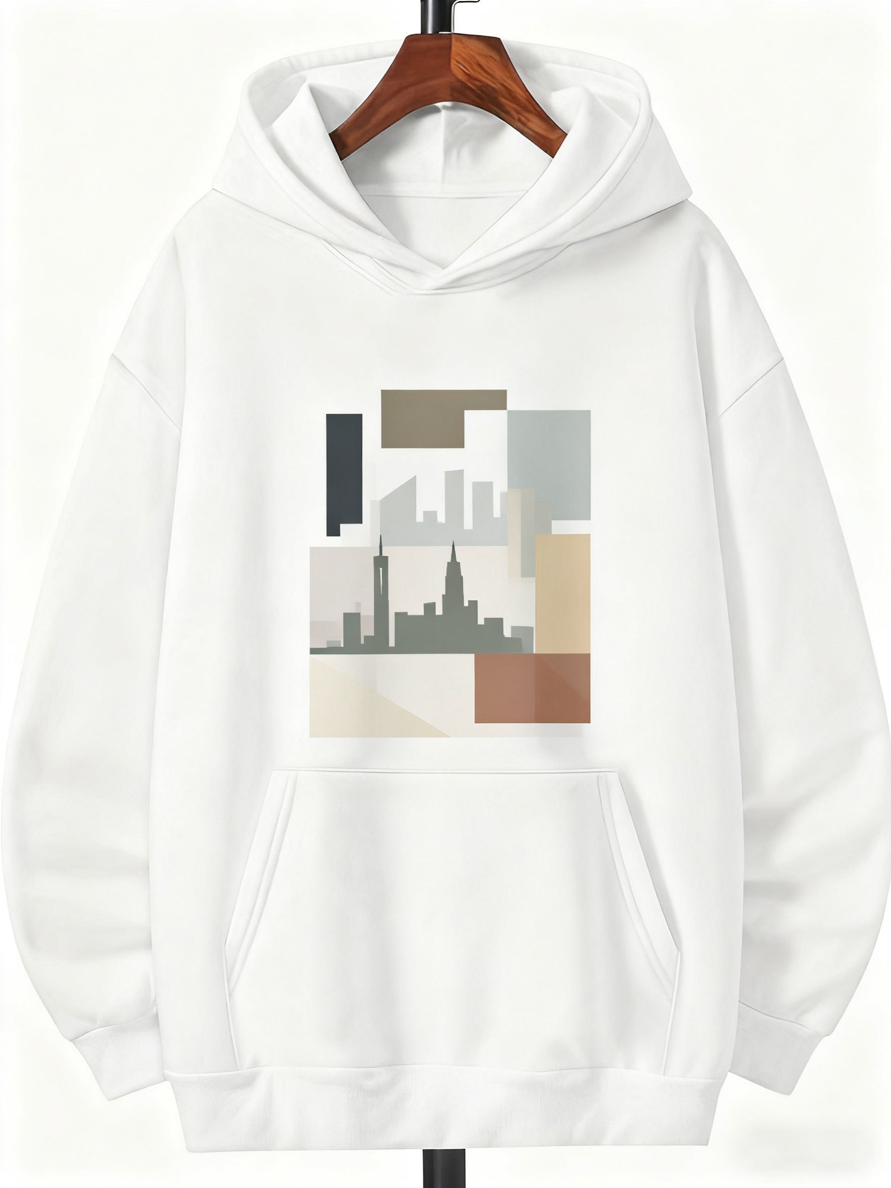 Tailorly Men's Printed Hoodie - Minimalist Geometric Blocks With Muted Color City Skyline