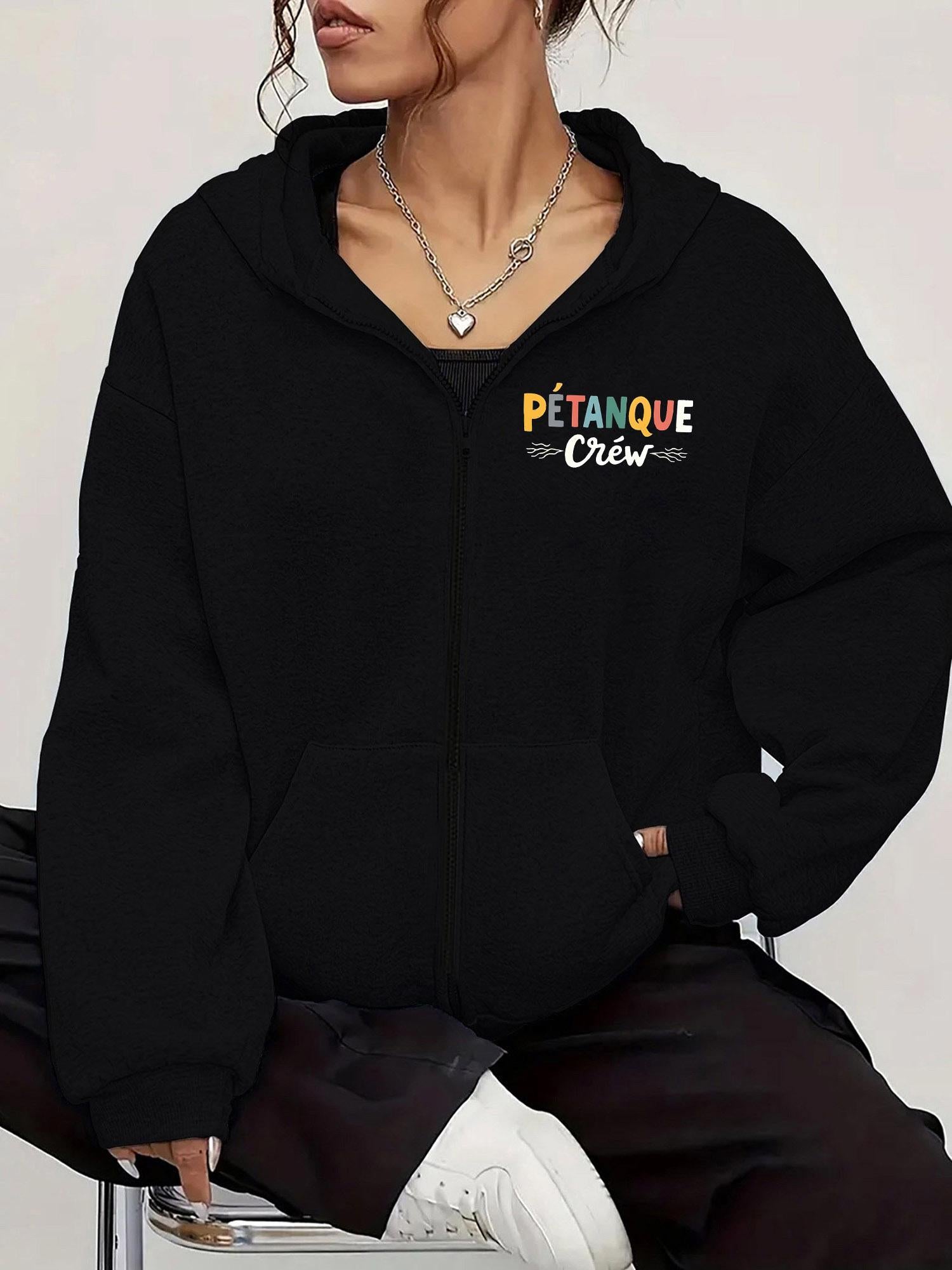 Tailorly Women's Printed Hoodie - Petanque Crew Multicolored Lettering With Small Minimalist Design Hoodie