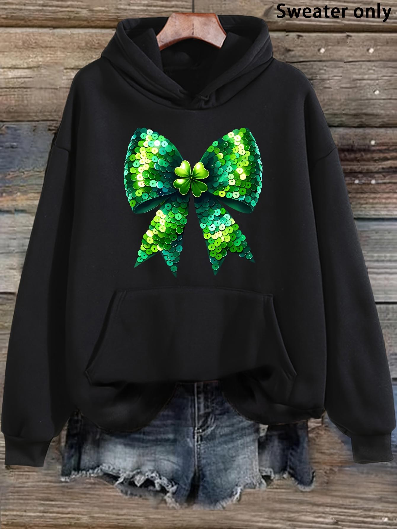 Tailorly Women's Printed Hoodie - Sparkling Emerald Glitter With Sequins Reflected Light Ribbon Bow