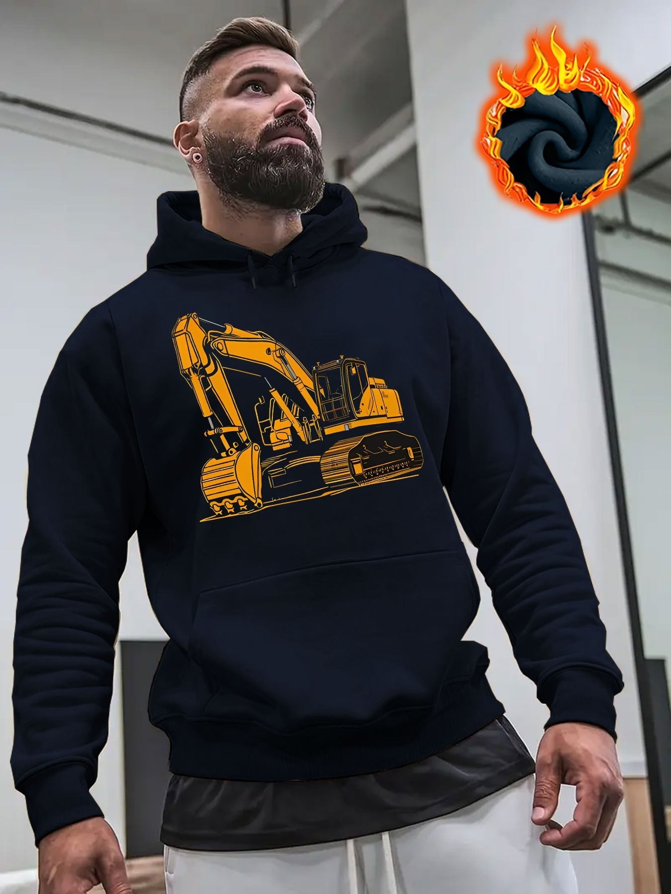 Tailorly Men's Printed Hoodie - Glowing Construction Site Under City Lights Featuring Yellow Excavator