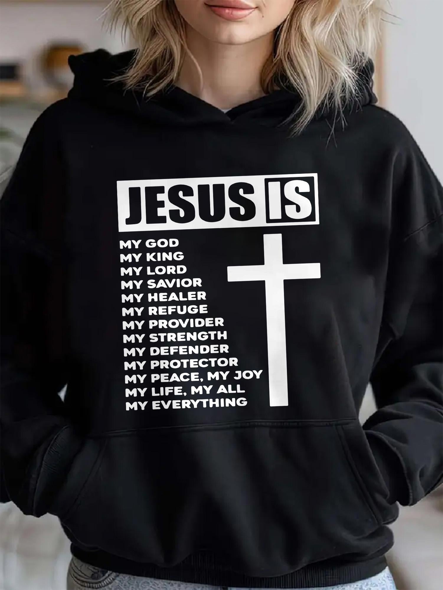 Tailorly Women's Printed Hoodie - Jesus Is My Refuge My Strength Under Giant White Cross