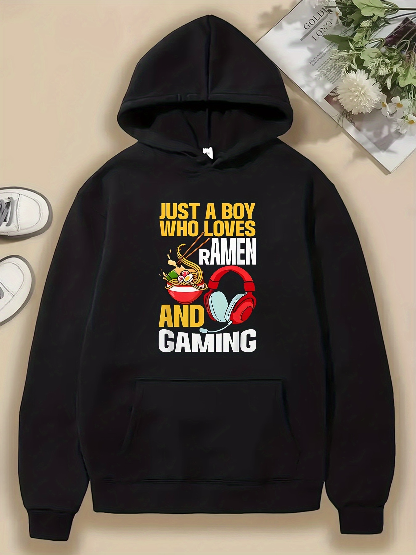 Tailorly Men's Printed Hoodie - Just A Boy Who Loves Ramen And Gaming With Headphones And Steaming Noodles Bowl