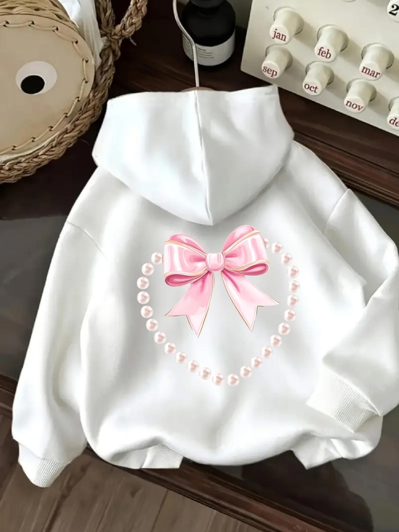Tailorly Women's Printed Hoodie - Romantic Pearl Heart With Pink Ribbon Bow Hoodie