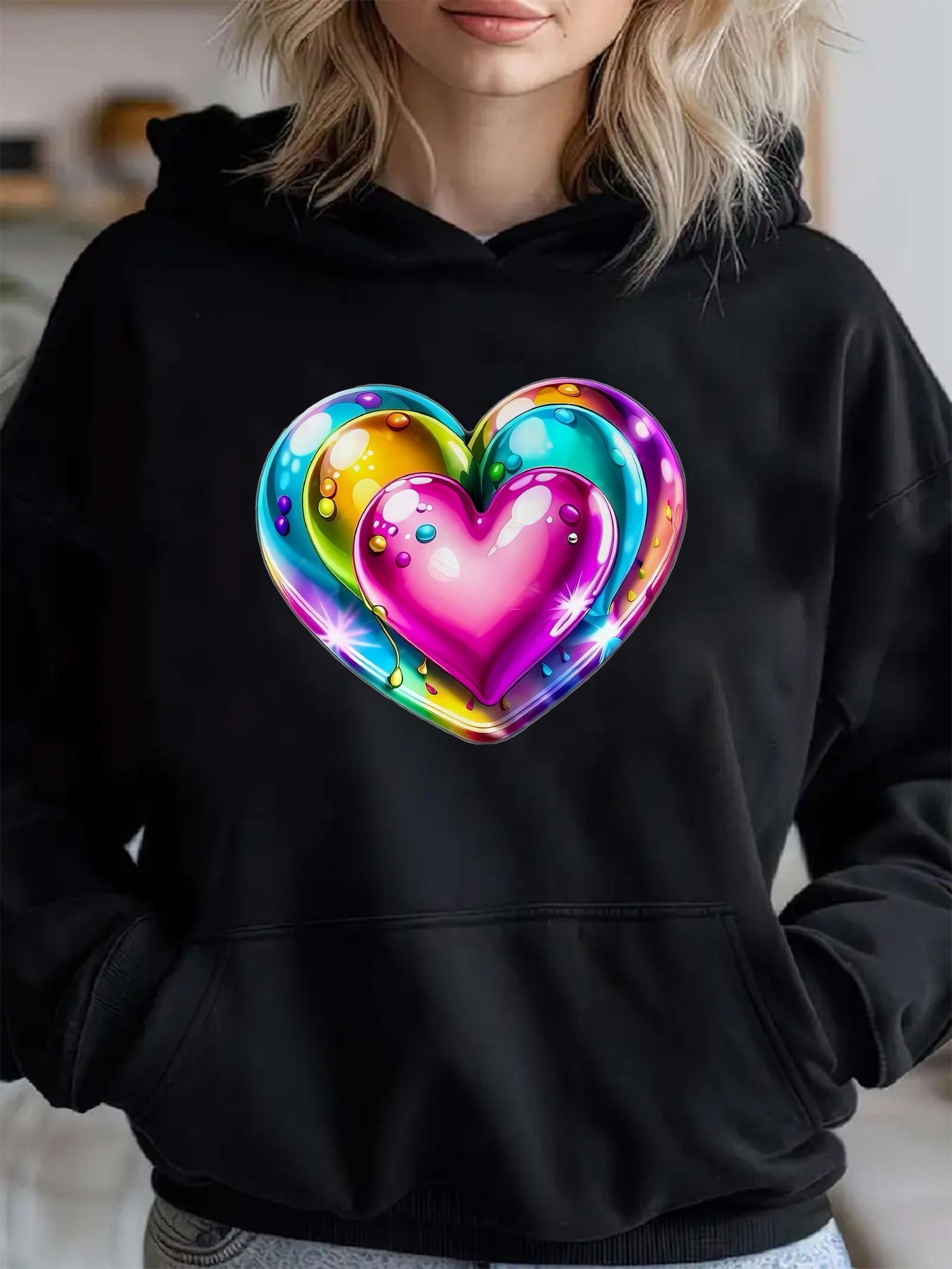 Tailorly Women's Printed Hoodie - Colorful Bubbles Glowing Light With Rainbow Shimmering Liquid Heart
