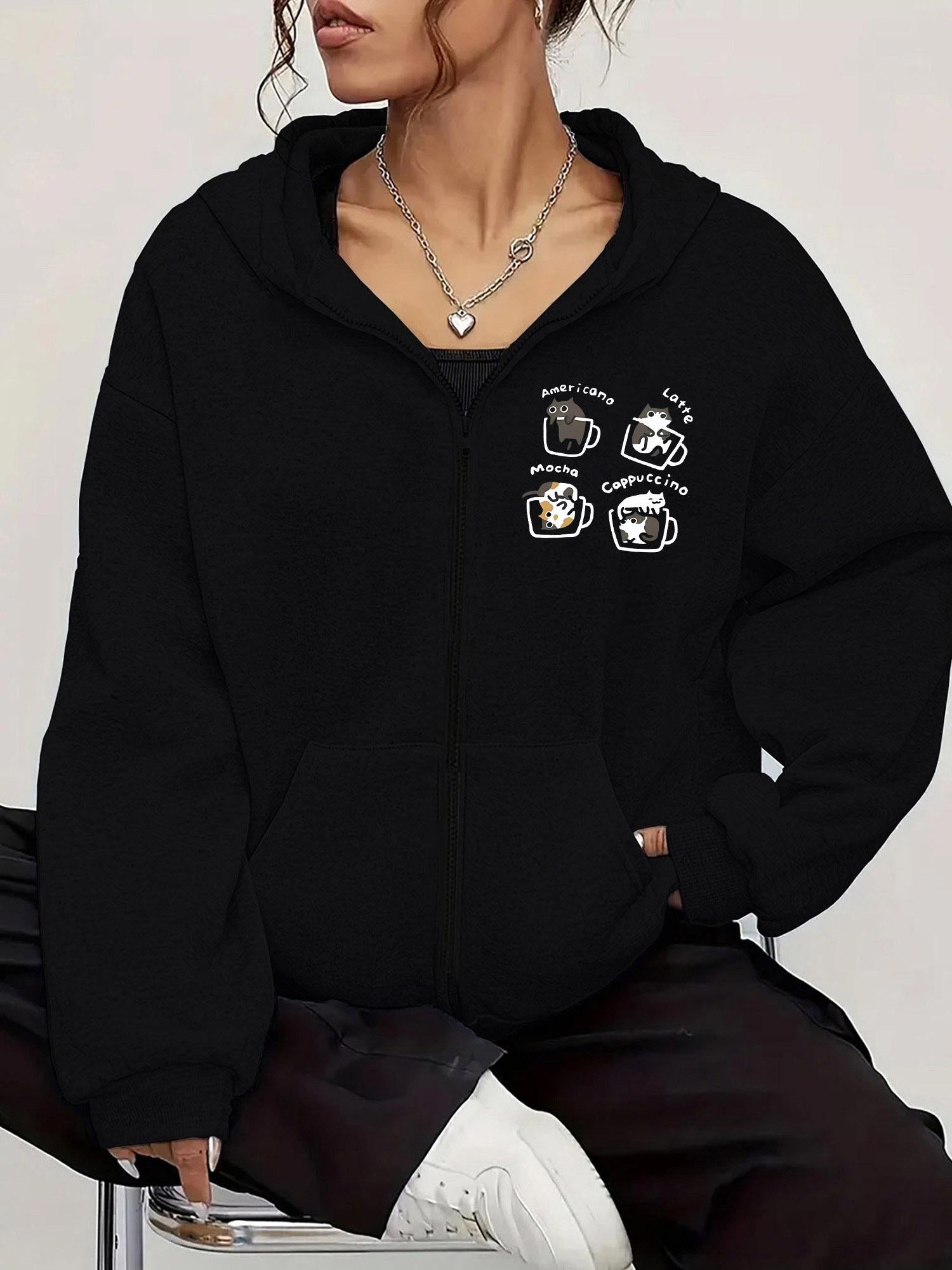 Tailorly Women's Printed Hoodie - Stylized Coffee Cups With Expressive Faces In Monochrome Morning Sunlight Hoodie