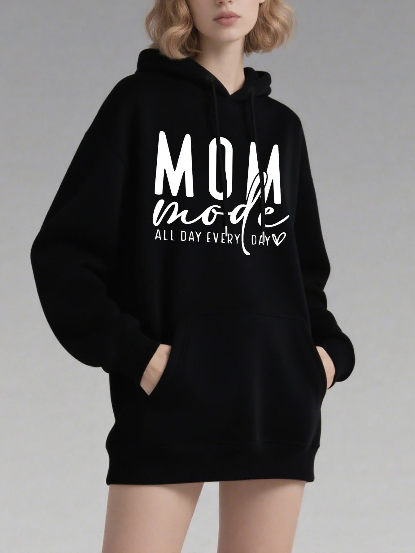 Tailorly Women's Printed Hoodie - Mom Mode All Day Every Day With Heart Motif Hoodie