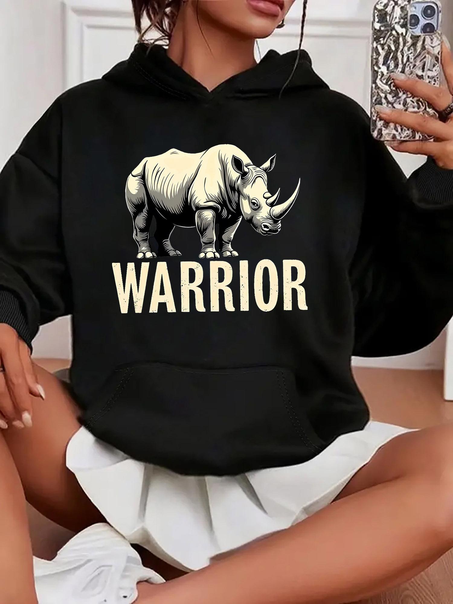 Tailorly Women's Printed Hoodie - Bold Lettering Under Powerful Rhino Warrior