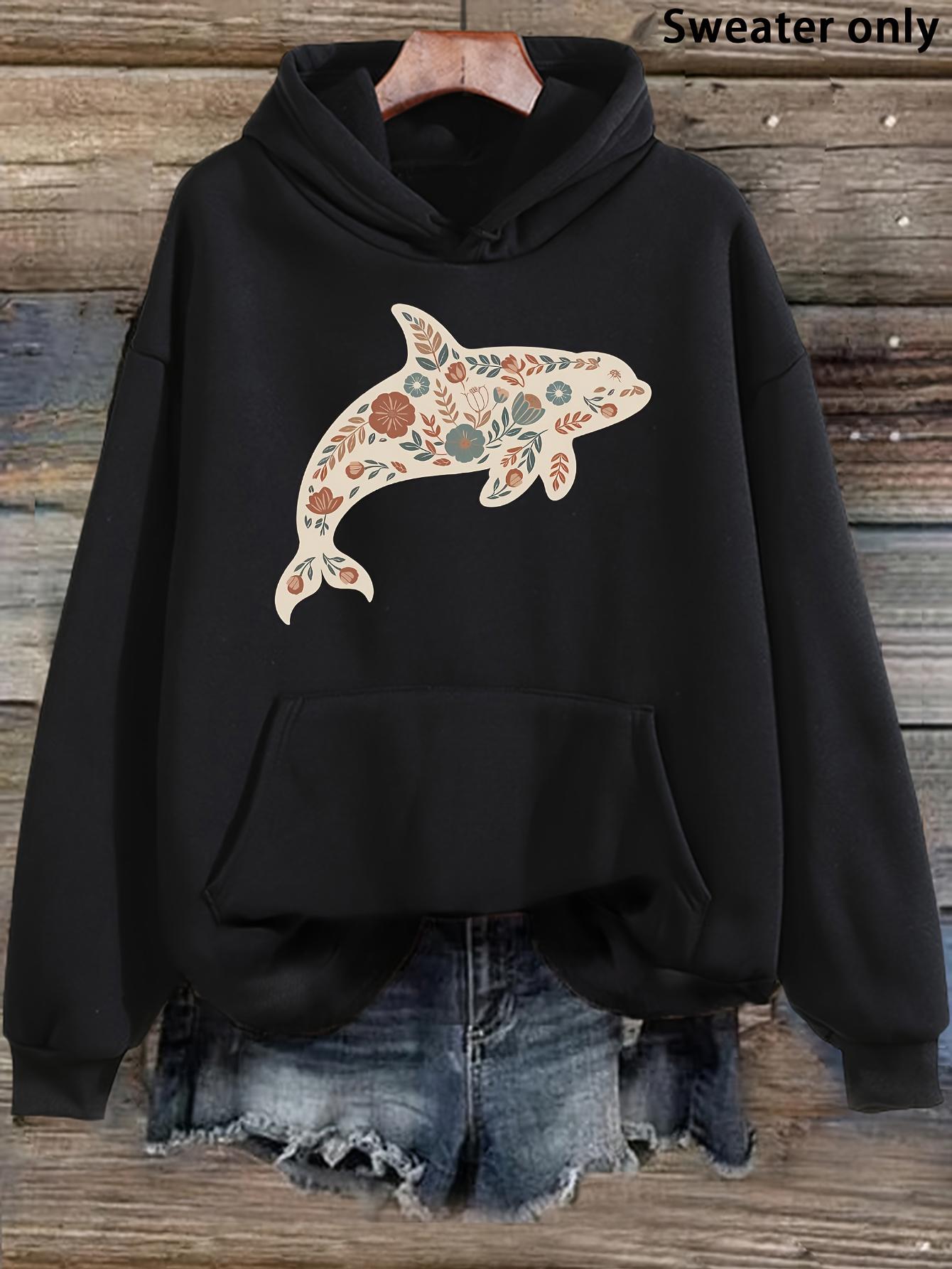 Tailorly Women's Printed Hoodie - Whimsical Retro Florals Embellishing The Playful Swimming Dolphin
