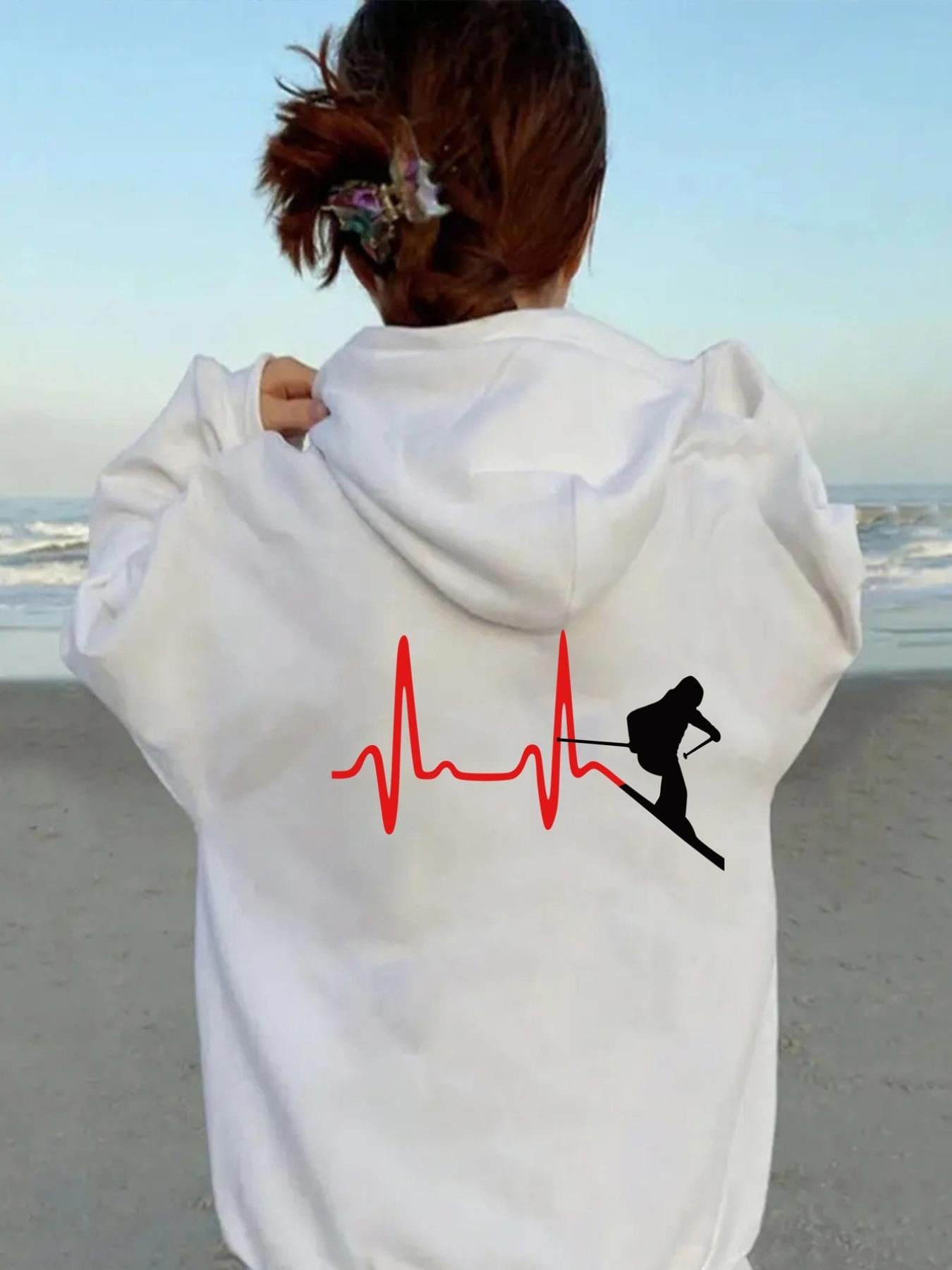 Tailorly Women's Printed Hoodie - Heartbeat Line With Silhouette Surfer Standing On Ocean Beach Hoodie