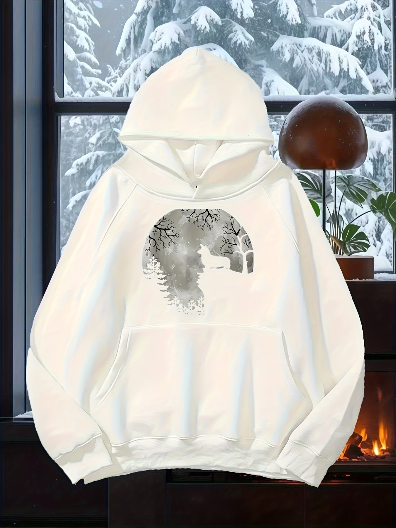 Tailorly Men's Printed Hoodie - Misty Woodland With Tall Pine Trees Under Quiet Winter Night Deer