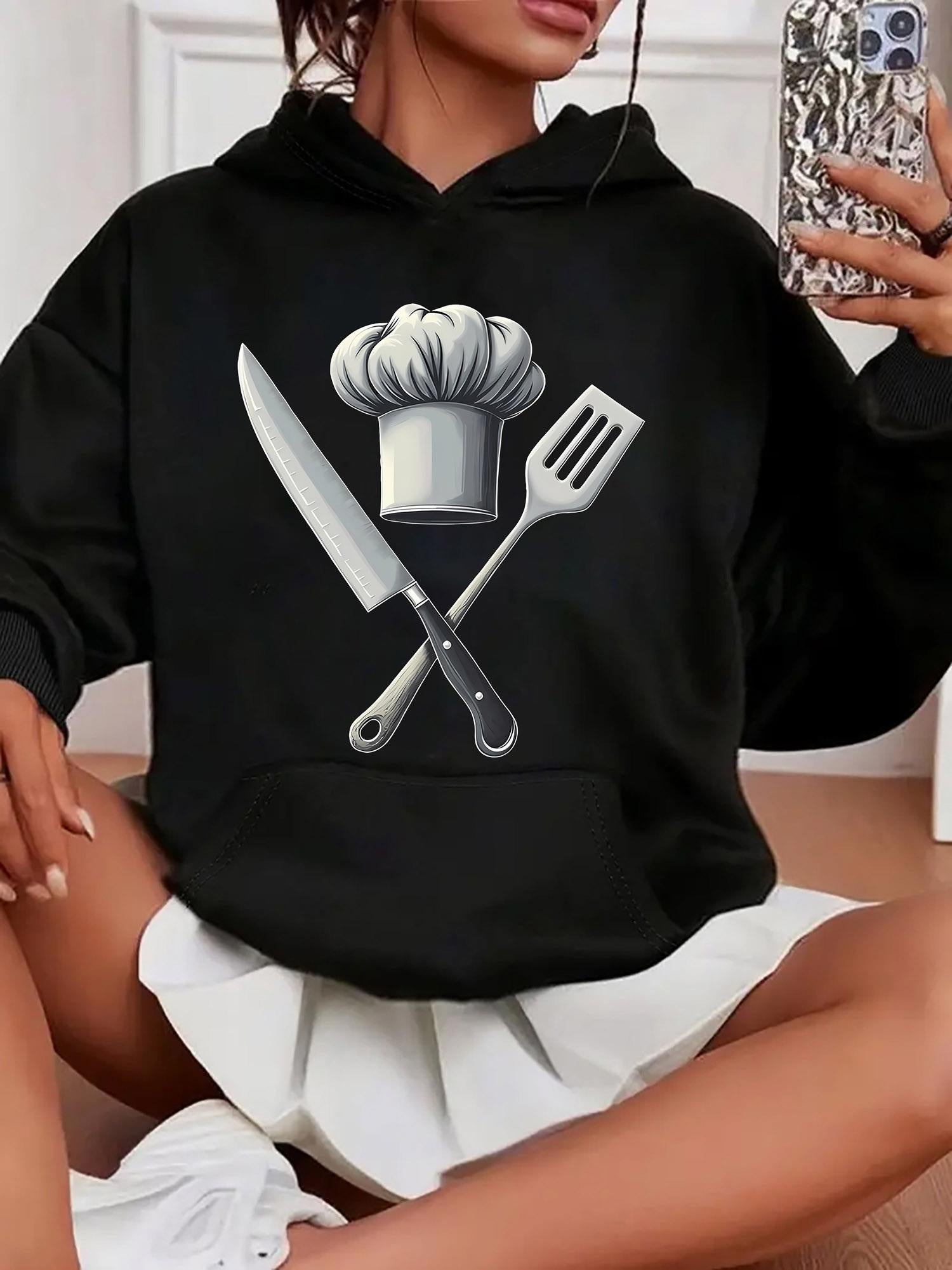 Tailorly Women's Printed Hoodie - Classic Kitchen Utensils Chef Hat With Spatula Knife And Cooking Essentials