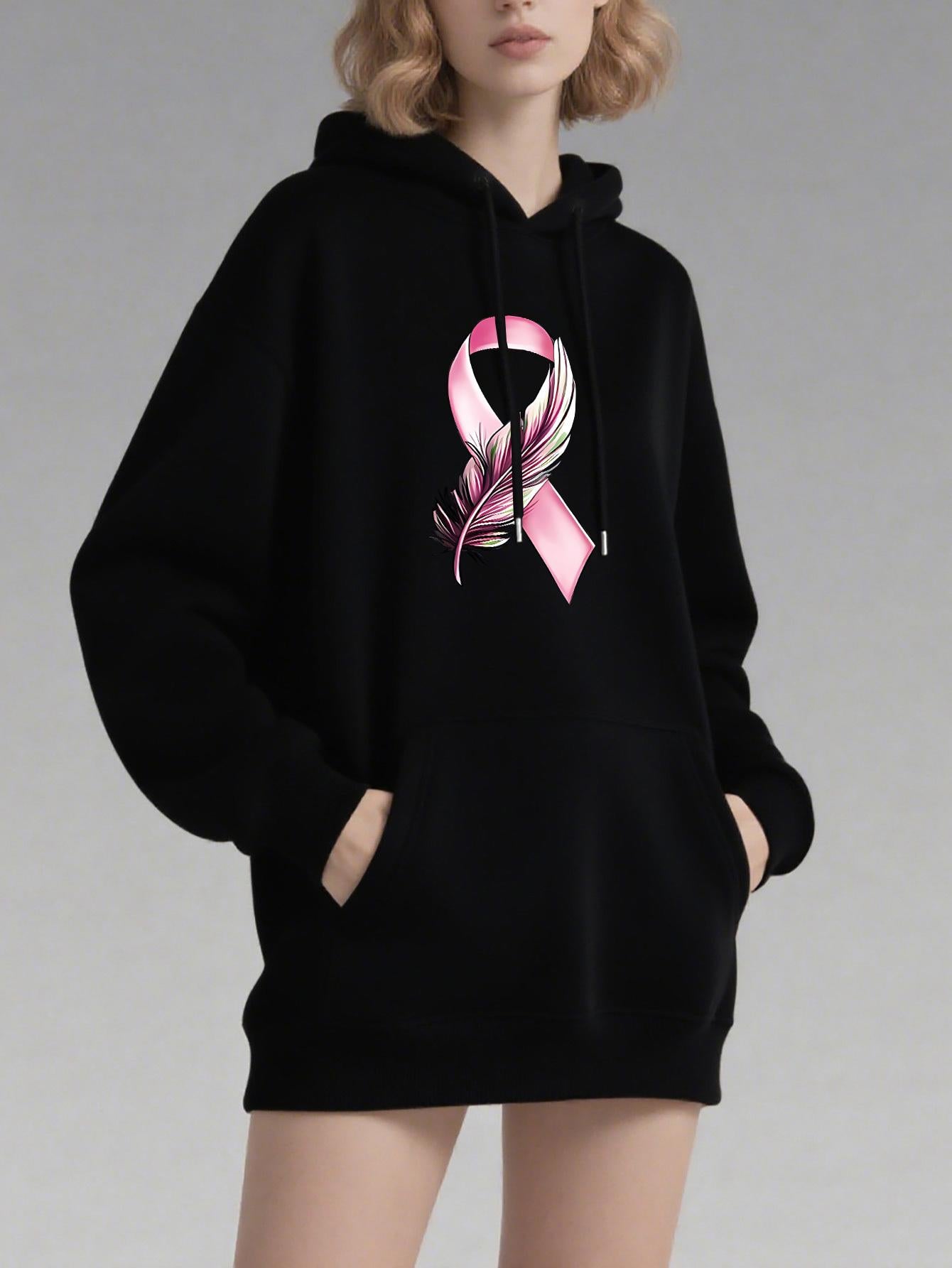 Tailorly Women's Printed Hoodie - Awareness Support With Shiny Satin Pink Ribbon Centered Graphic