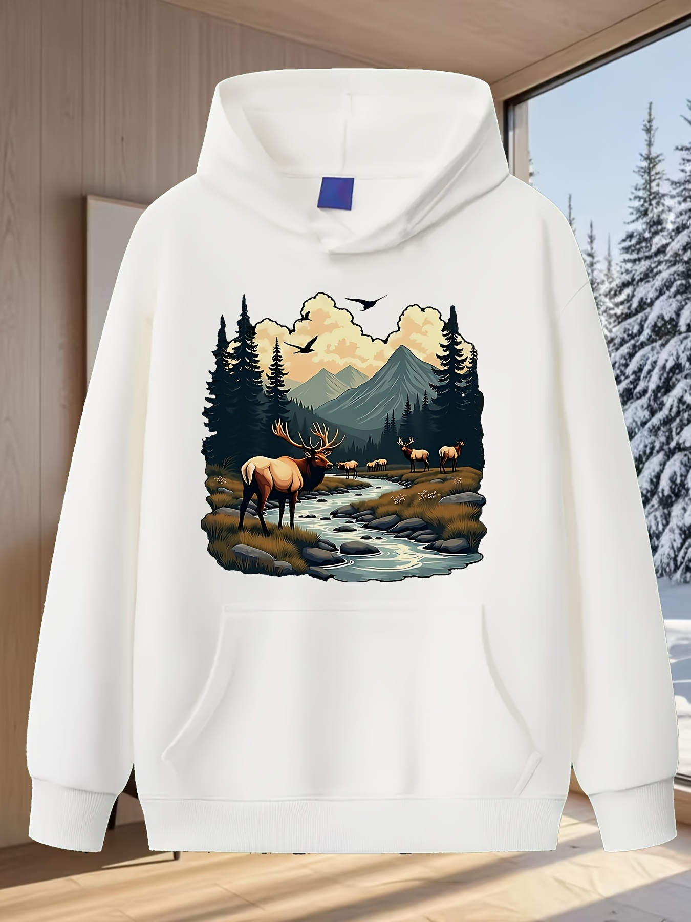 Tailorly Men's Printed Hoodie - Peaceful Mountain River With Grazing Wild Elk Amidst Pine Trees