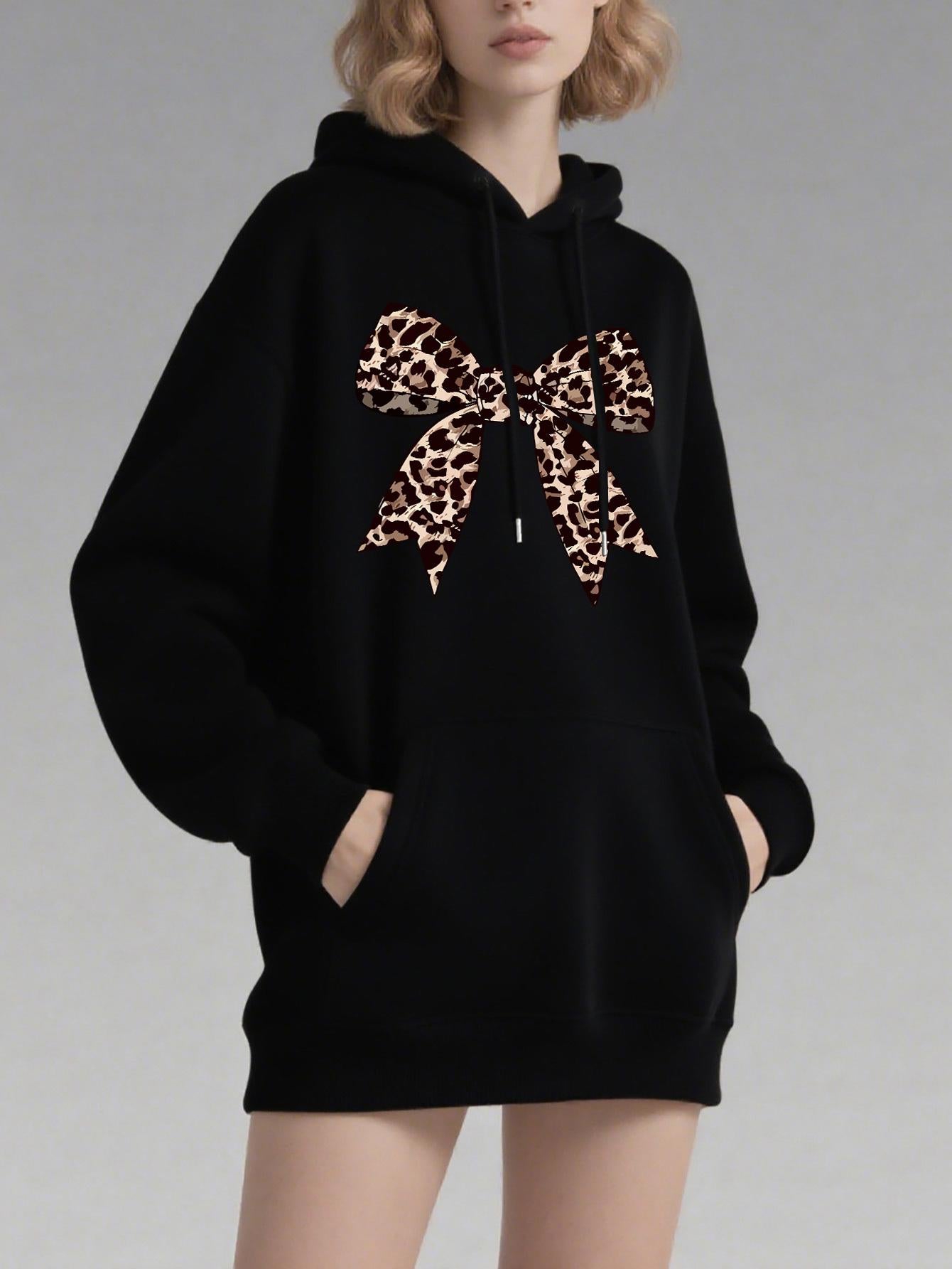 Tailorly Women's Printed Hoodie - Leopard Print Ribbon Bow With Wild Accents Hoodie