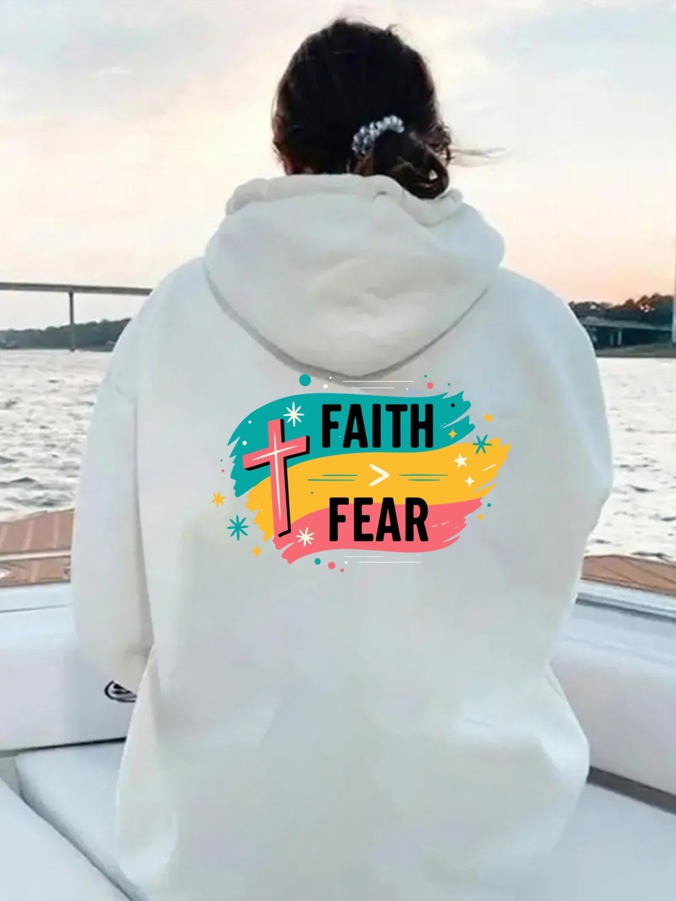 Tailorly Women's Printed Hoodie - Faith Over Fear Colorful Cross Design Hoodie