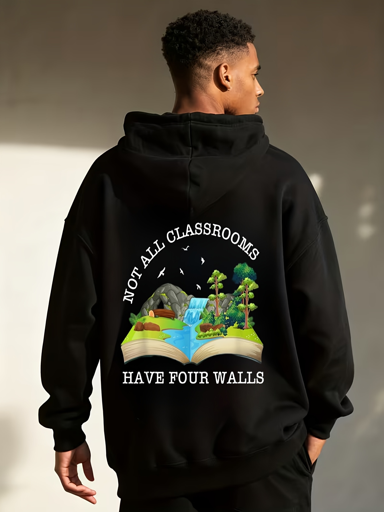 Tailorly Men's Printed Hoodie - Not All Classrooms Have Four Walls Flowing River Open Book With Lush Green Forest And Mountain
