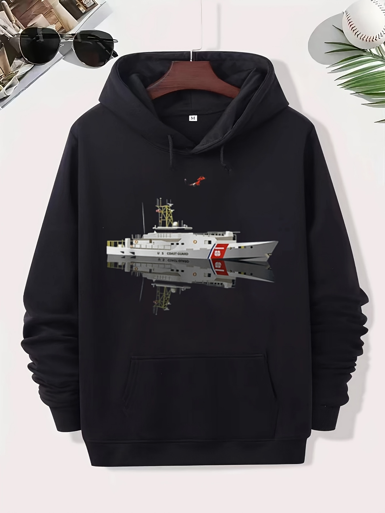 Tailorly Men's Printed Hoodie - Reflection Over Calm Waters Featuring A Sleek Modern Patrol Ship