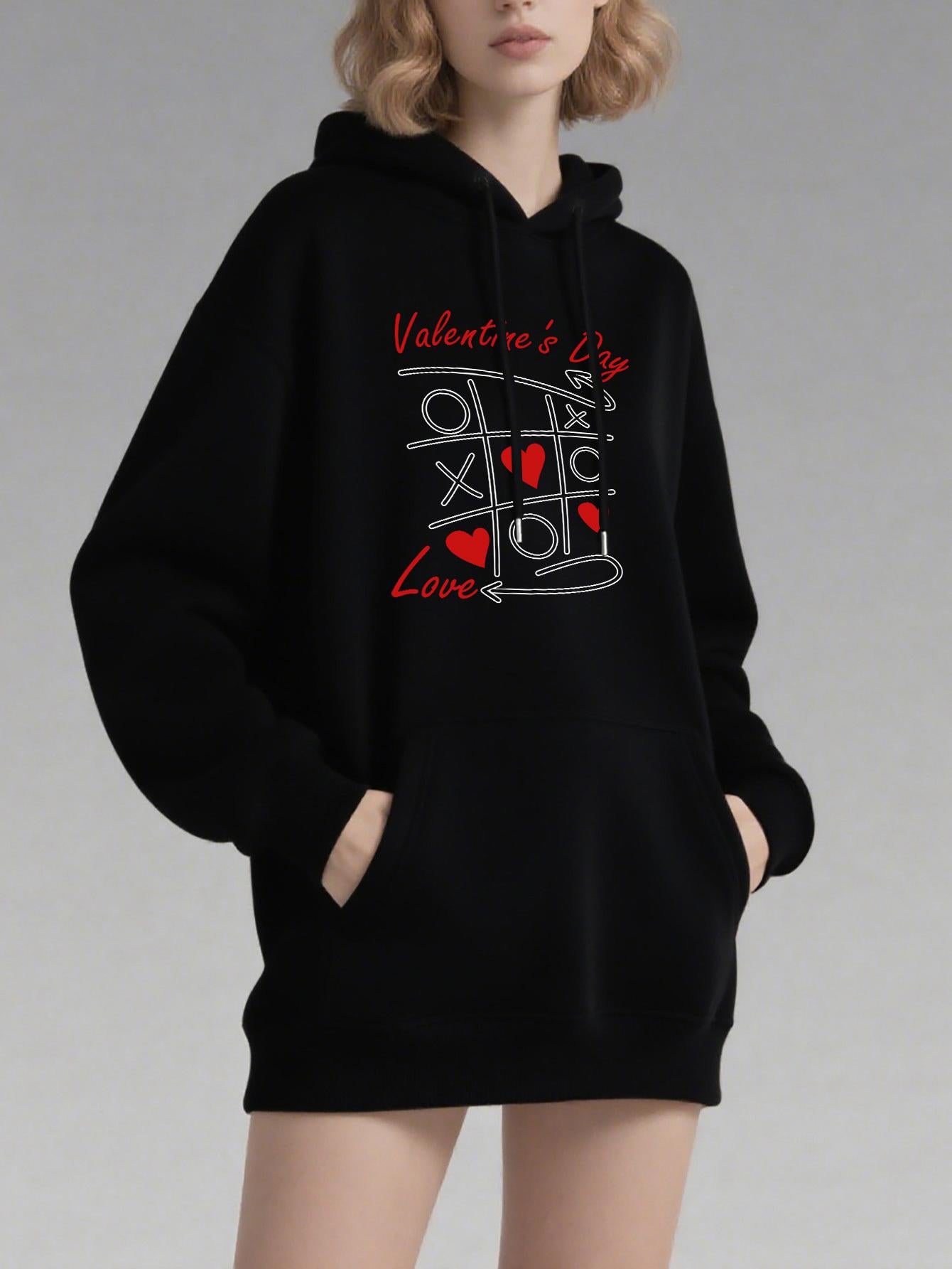 Tailorly Women's Printed Hoodie - Valentines Day Red Hearts With Tic Tac Toe Game Hooded Sweatshirt
