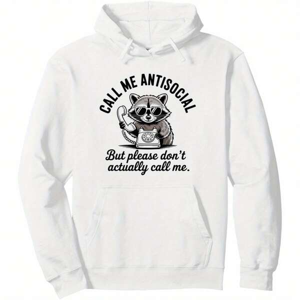 Tailorly Men's Printed Hoodie - Call Me Antisocial With Cartoon Raccoon Holding Coffee