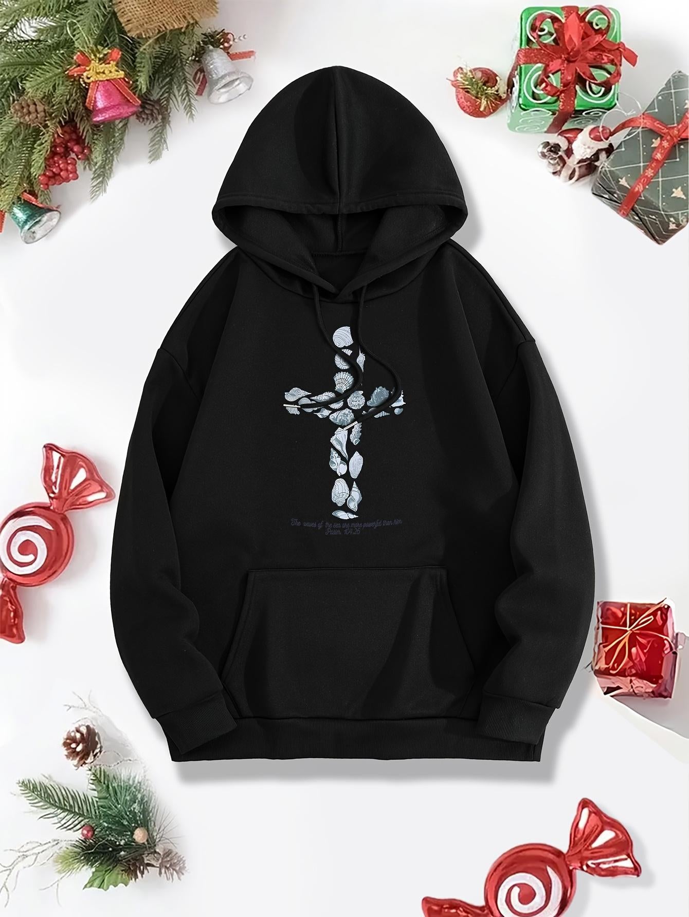 Tailorly Women's Printed Hoodie - Shimmering Stone Design With Petals And Leaves Cross
