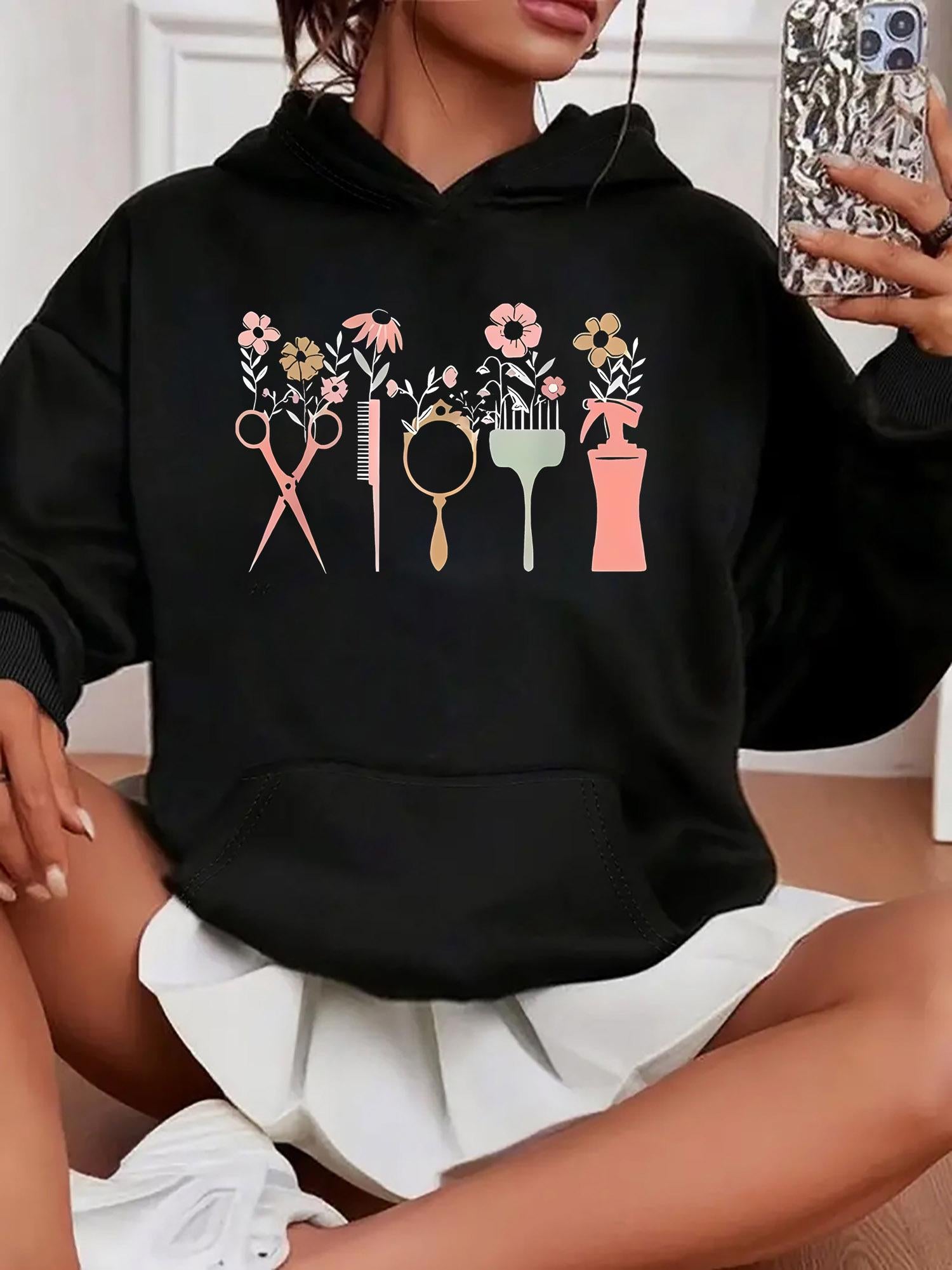 Tailorly Women's Printed Hoodie - Spring Floral Garden Among Salon Hairdresser Tools