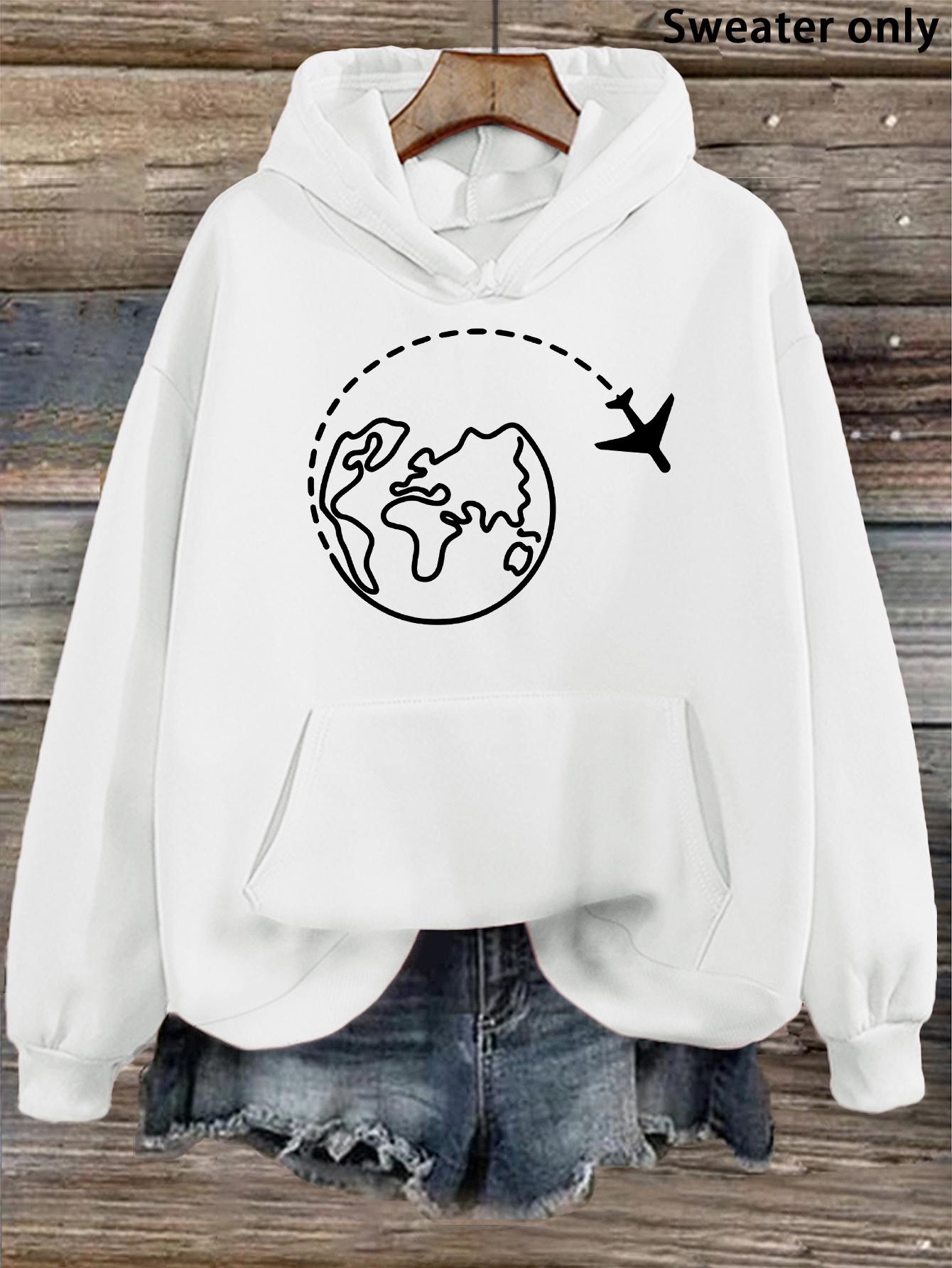 Tailorly Women's Printed Hoodie - Travel Route Tracing Dashed Curve Around The Earth Plane