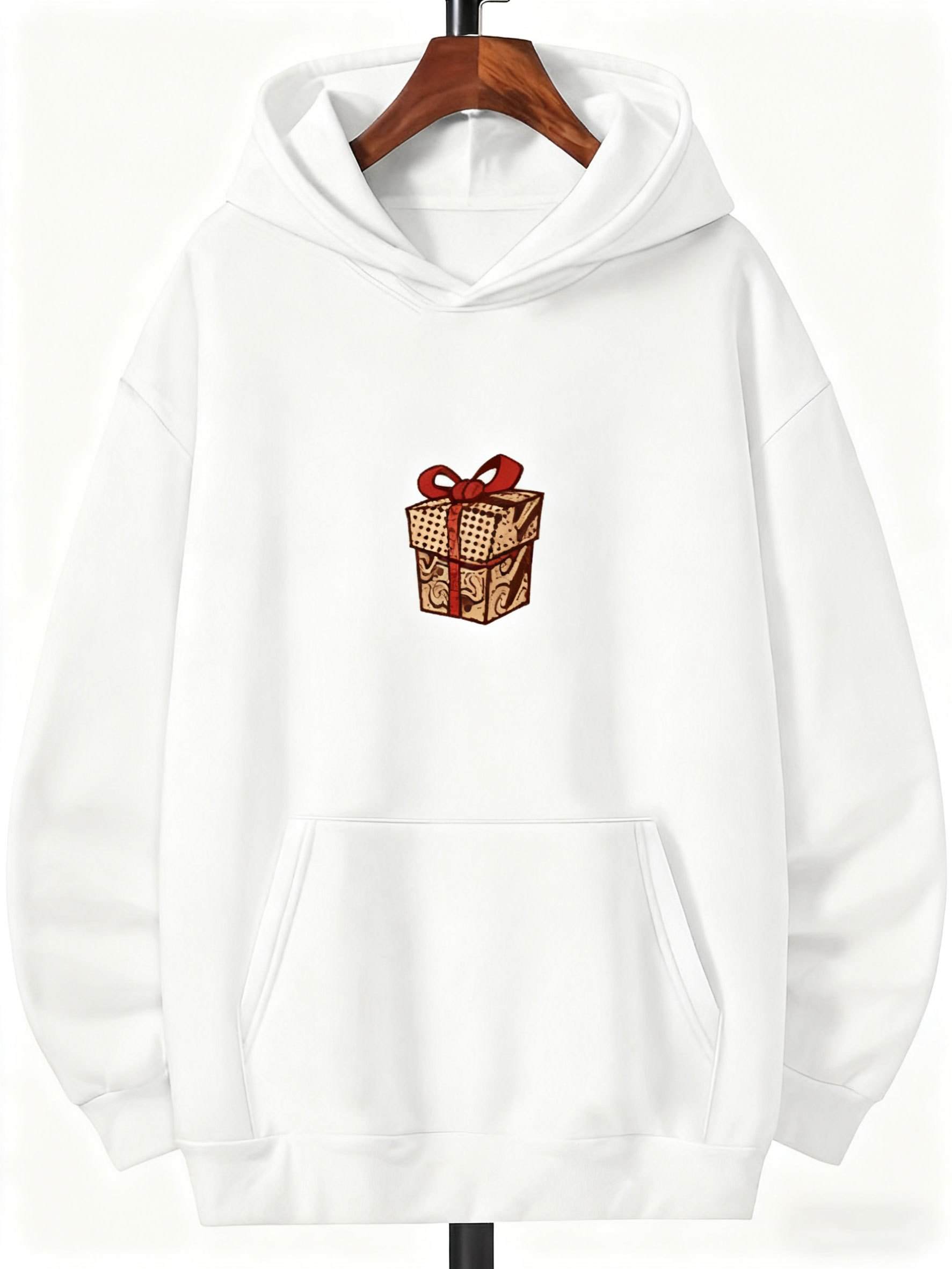 Tailorly Men's Printed Hoodie - Golden Ribbon Patterned Gift Box With Red Bow Present
