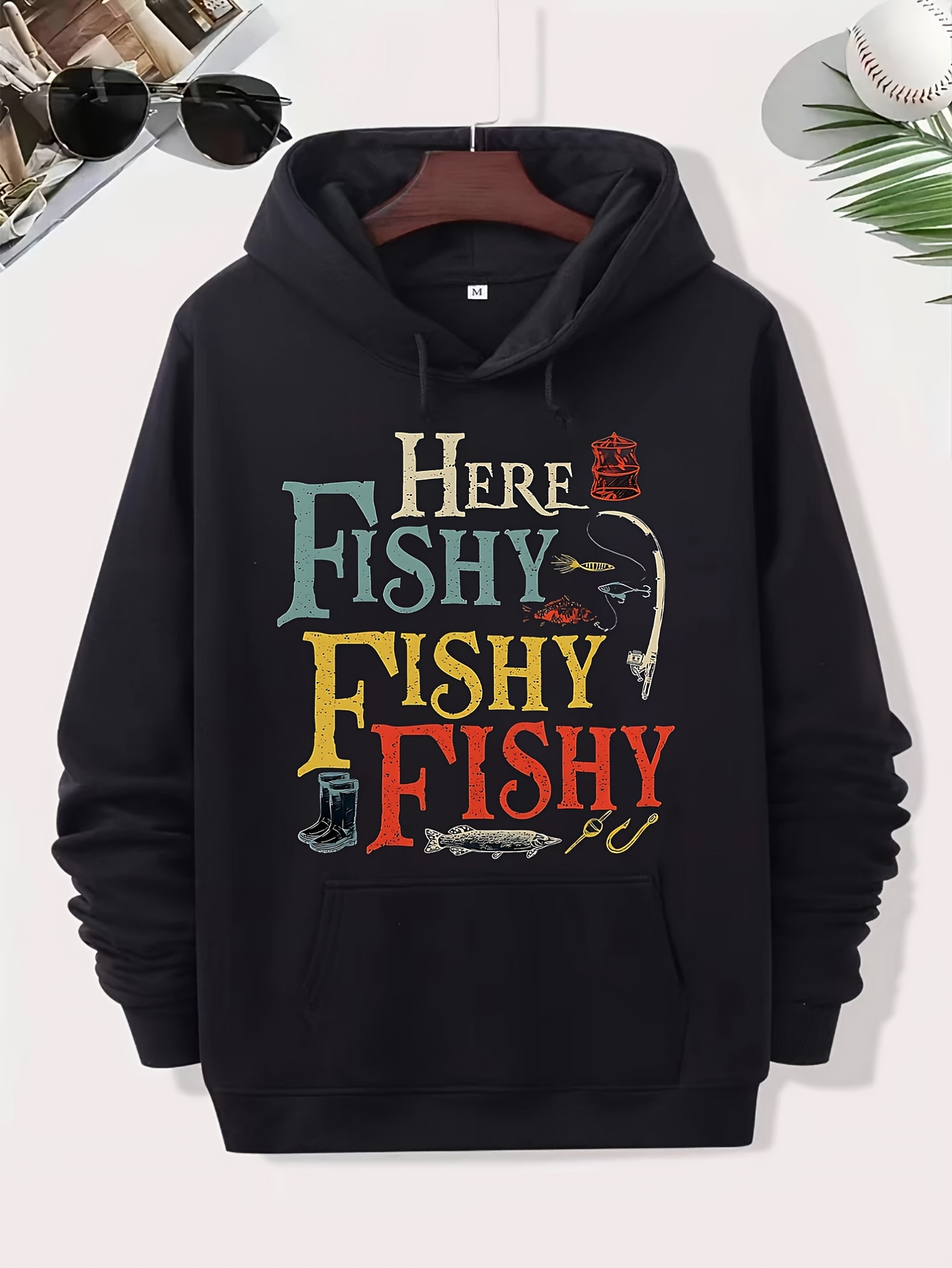 Tailorly Men's Printed Hoodie - Here Fishy Fishy Fishy With Vintage Rod And Colorful Fishing Hook
