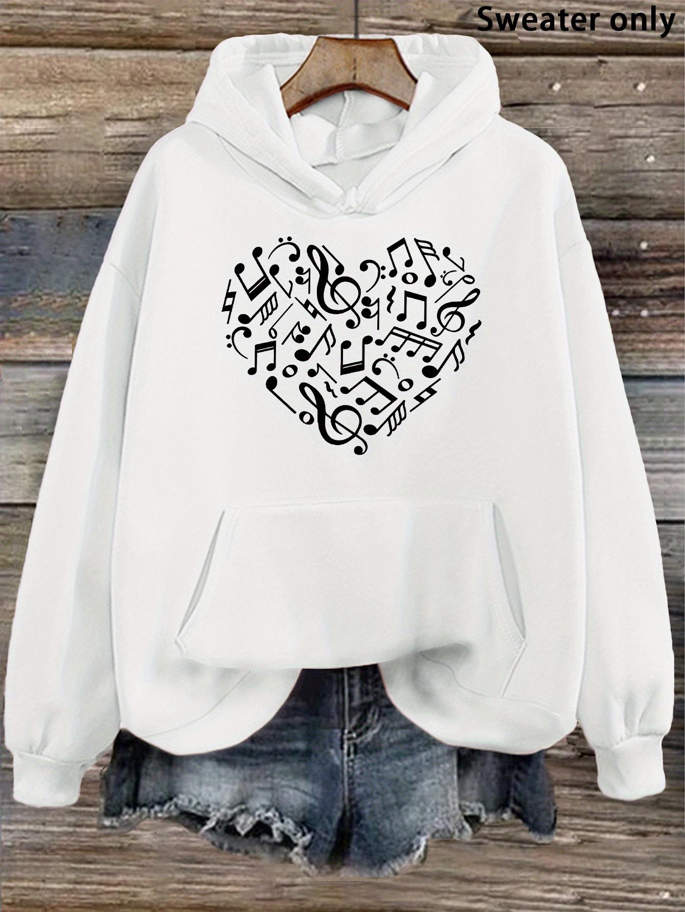 Tailorly Women's Printed Hoodie - Heart Shaped Motif With Dancing Musical Notes And Symbols Hoodie