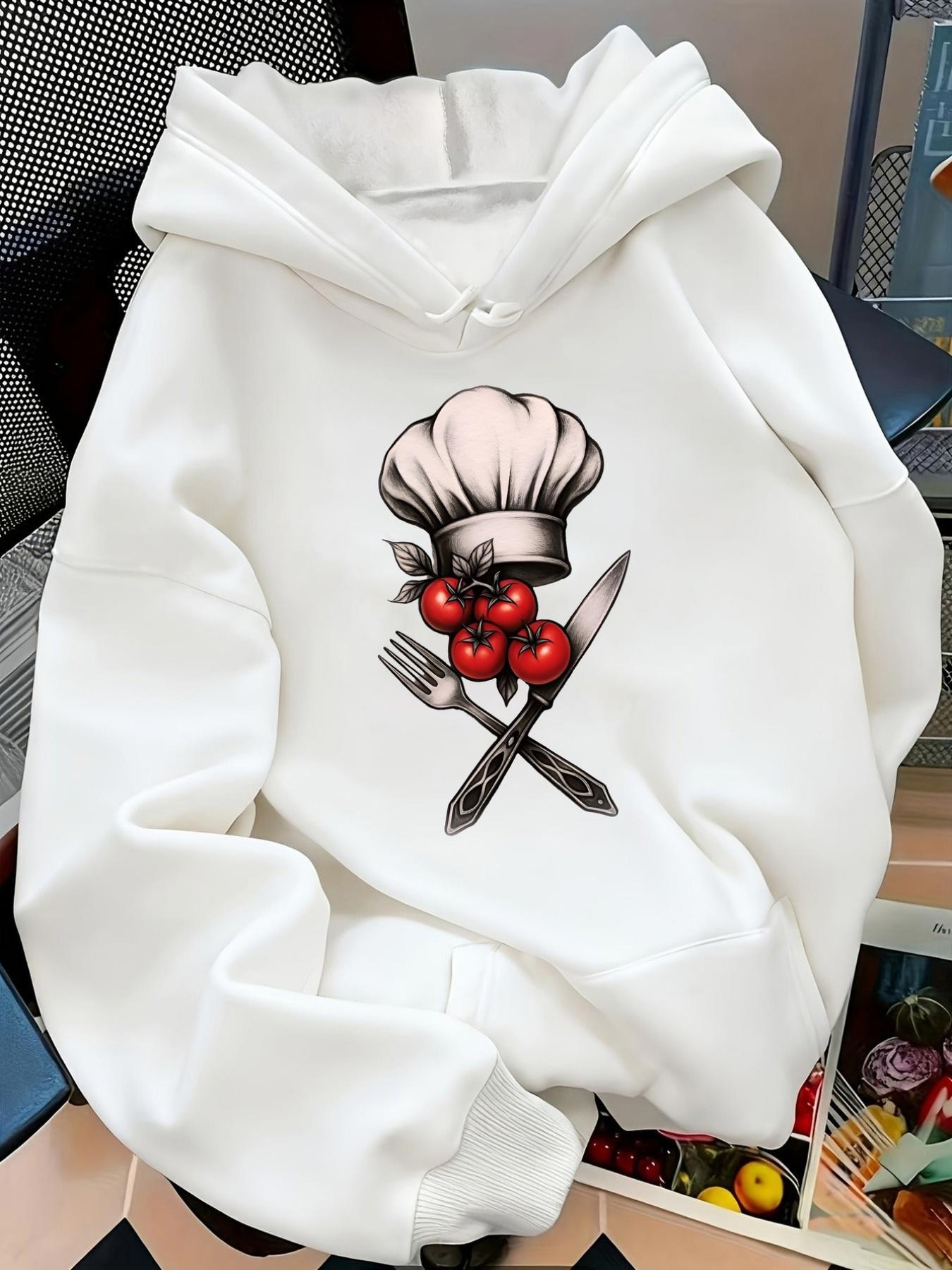 Tailorly Women's Printed Hoodie - Ripe Tomatoes With Chef Hat Over Utensils Surrounded By Fork And Knife
