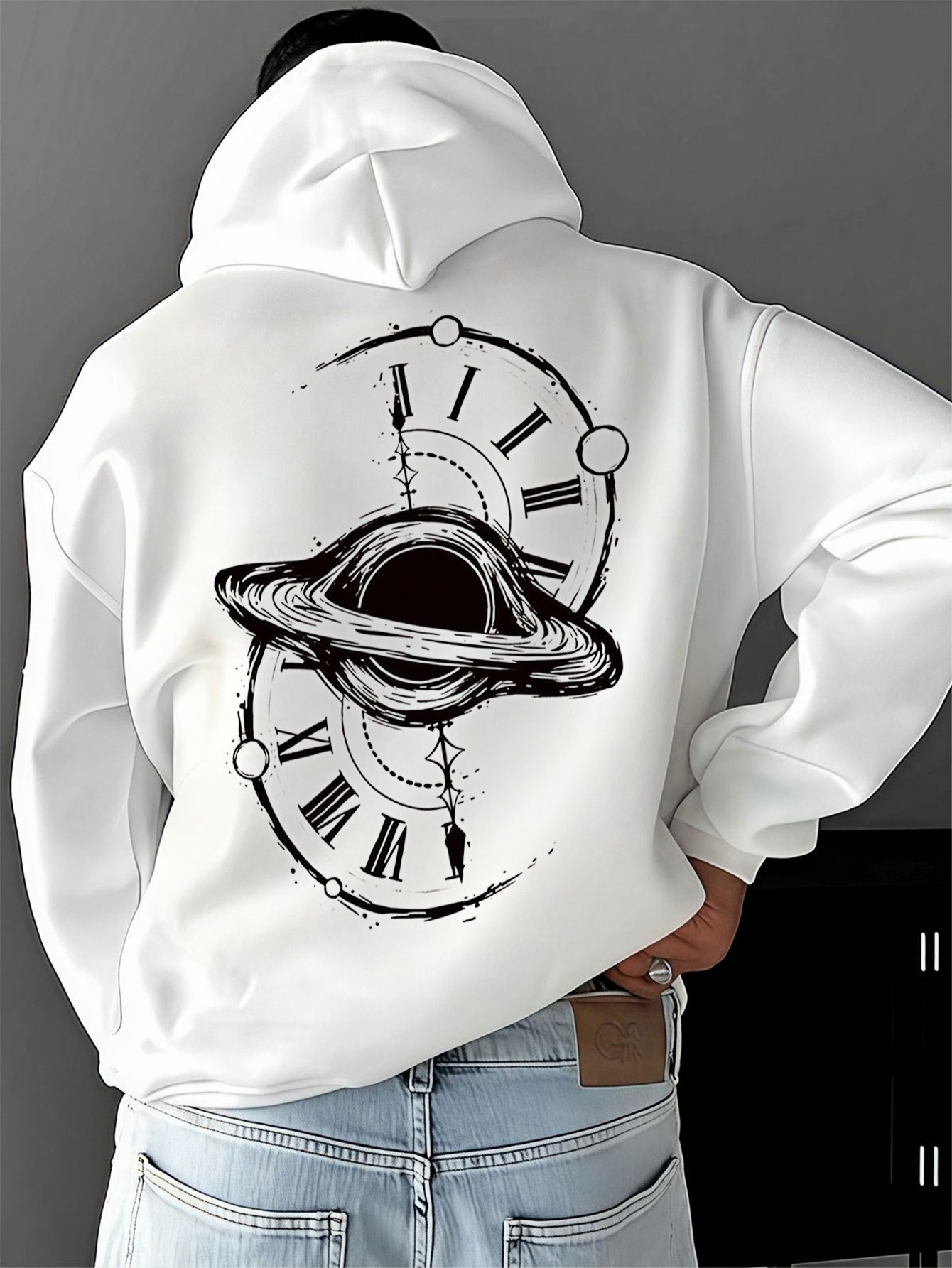 Tailorly Men's Printed Hoodie - Surreal Outer Space With Abstract Clock Encircling Saturn Planet
