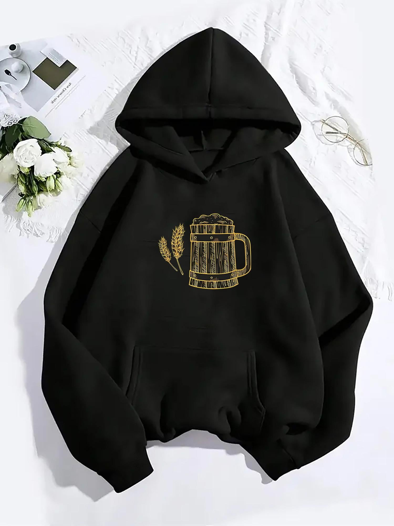 Tailorly Women's Printed Hoodie - Golden Wheat And Mug With Harvest Inspired Beer