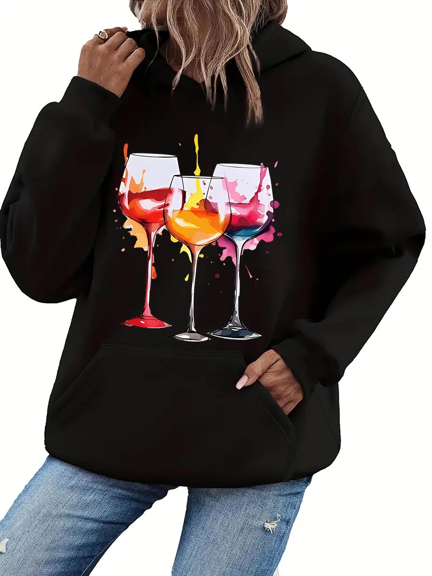 Tailorly Women's Printed Hoodie - Colorful Splashing Paint With Three Elegant Wine Glasses