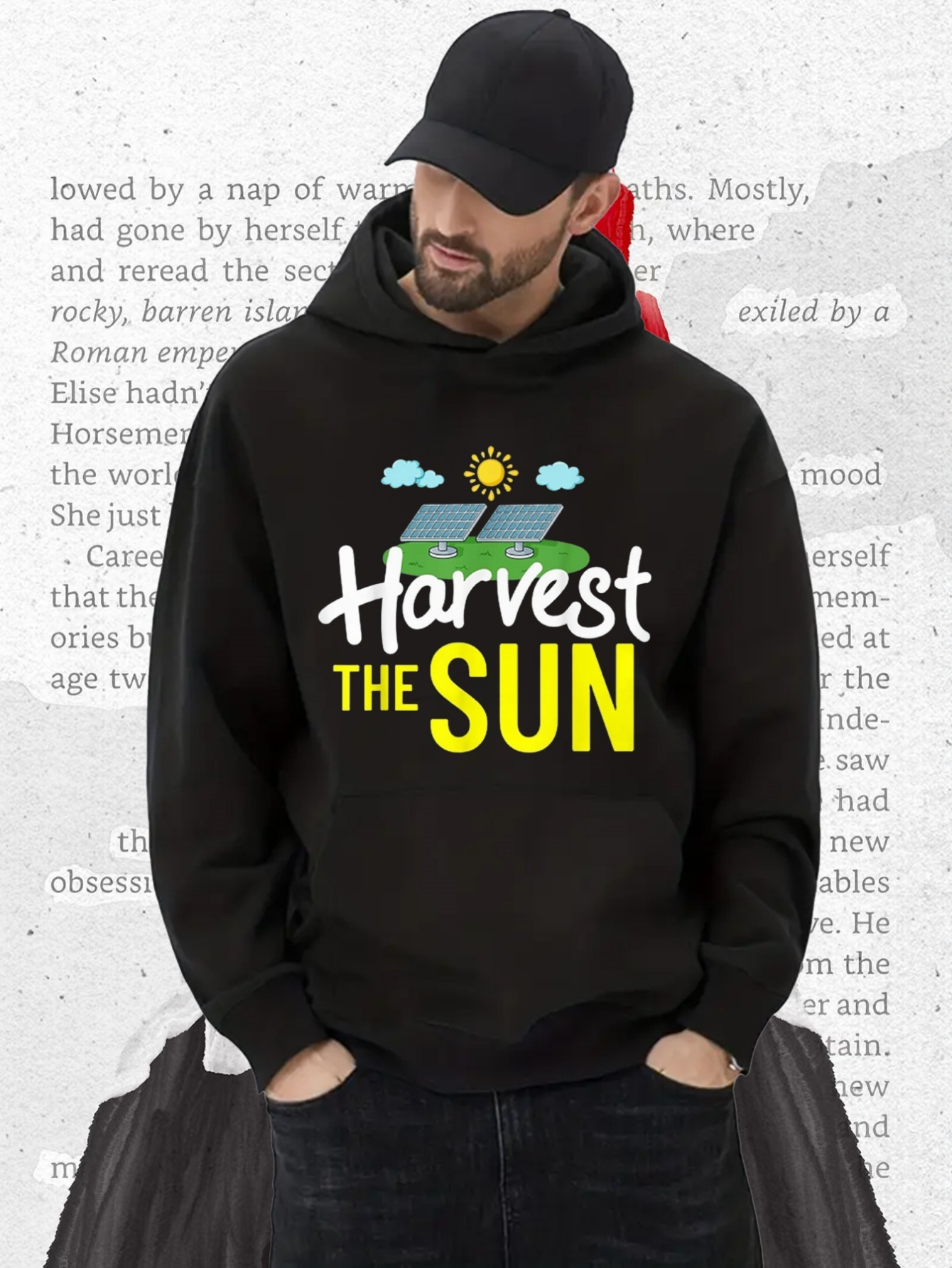 Tailorly Men's Printed Hoodie - Harvest The Sun Bright Green Fields With Shining Sun And Fluffy Clouds