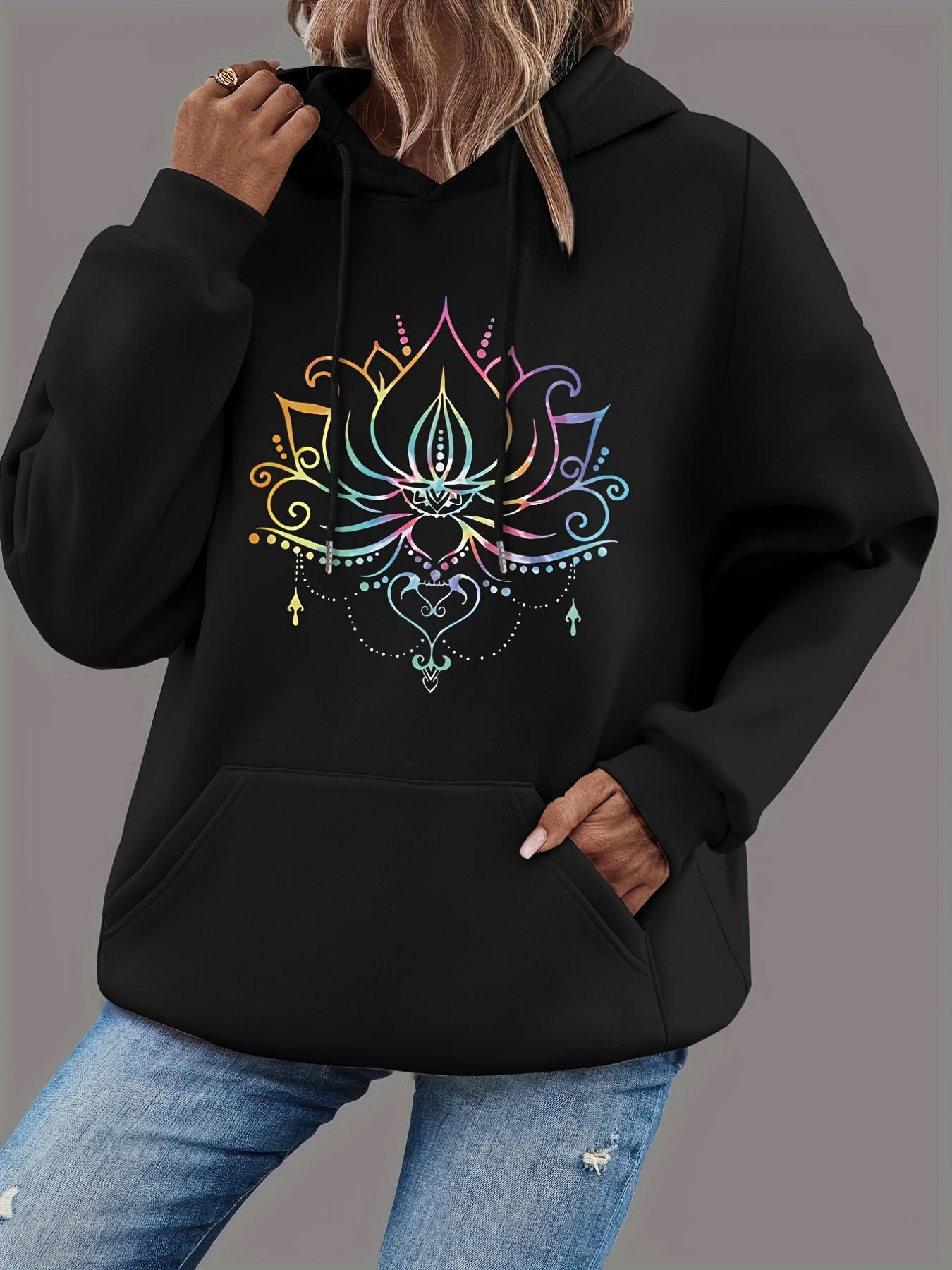 Tailorly Women's Printed Hoodie - Radiant Colorful Patterned Lotus Blooming Under Rainbow Lights Lotus