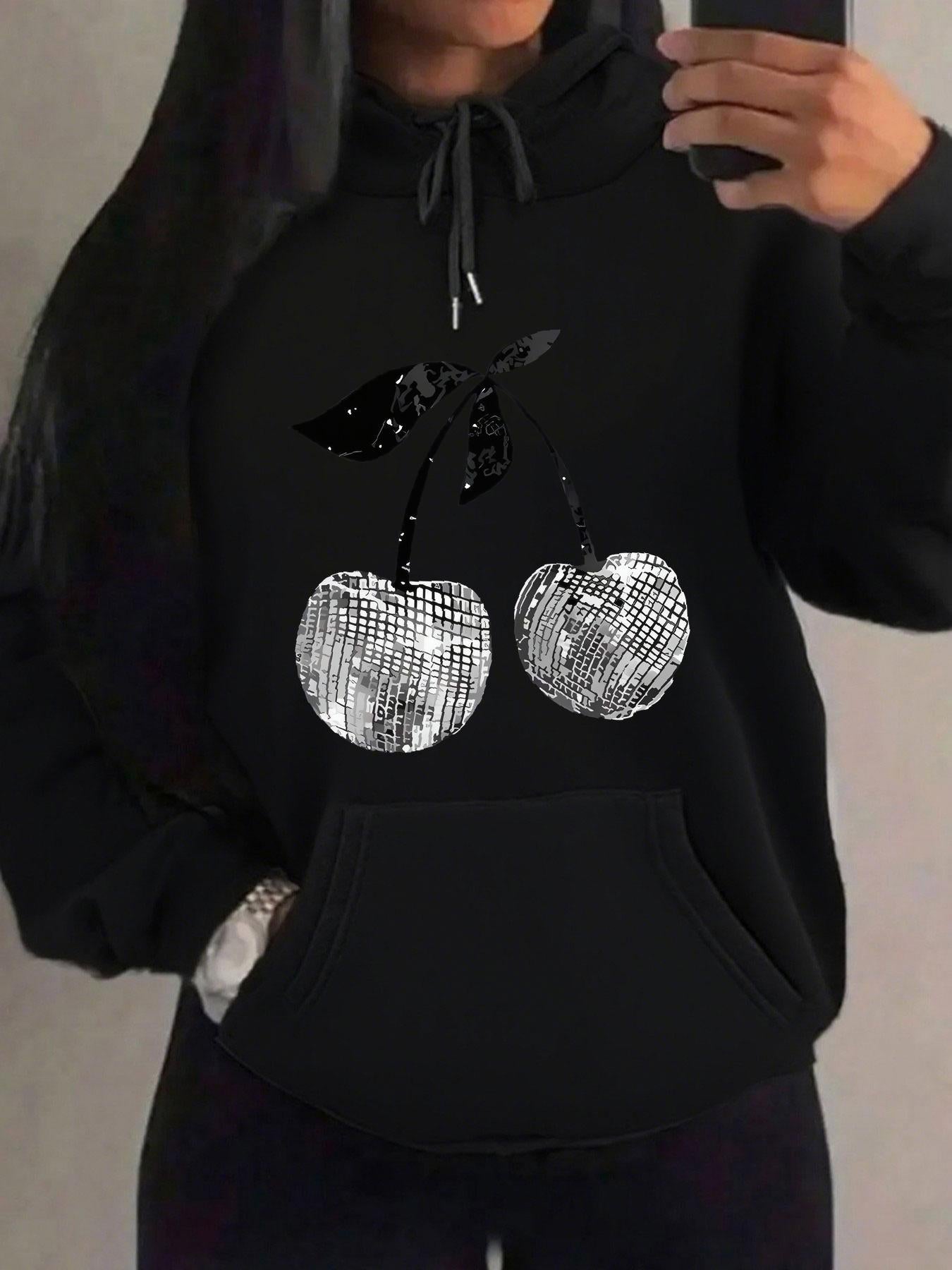Tailorly Women's Printed Hoodie - Sparkling Silver Disco Balls Hanging With Ribbon Cherries
