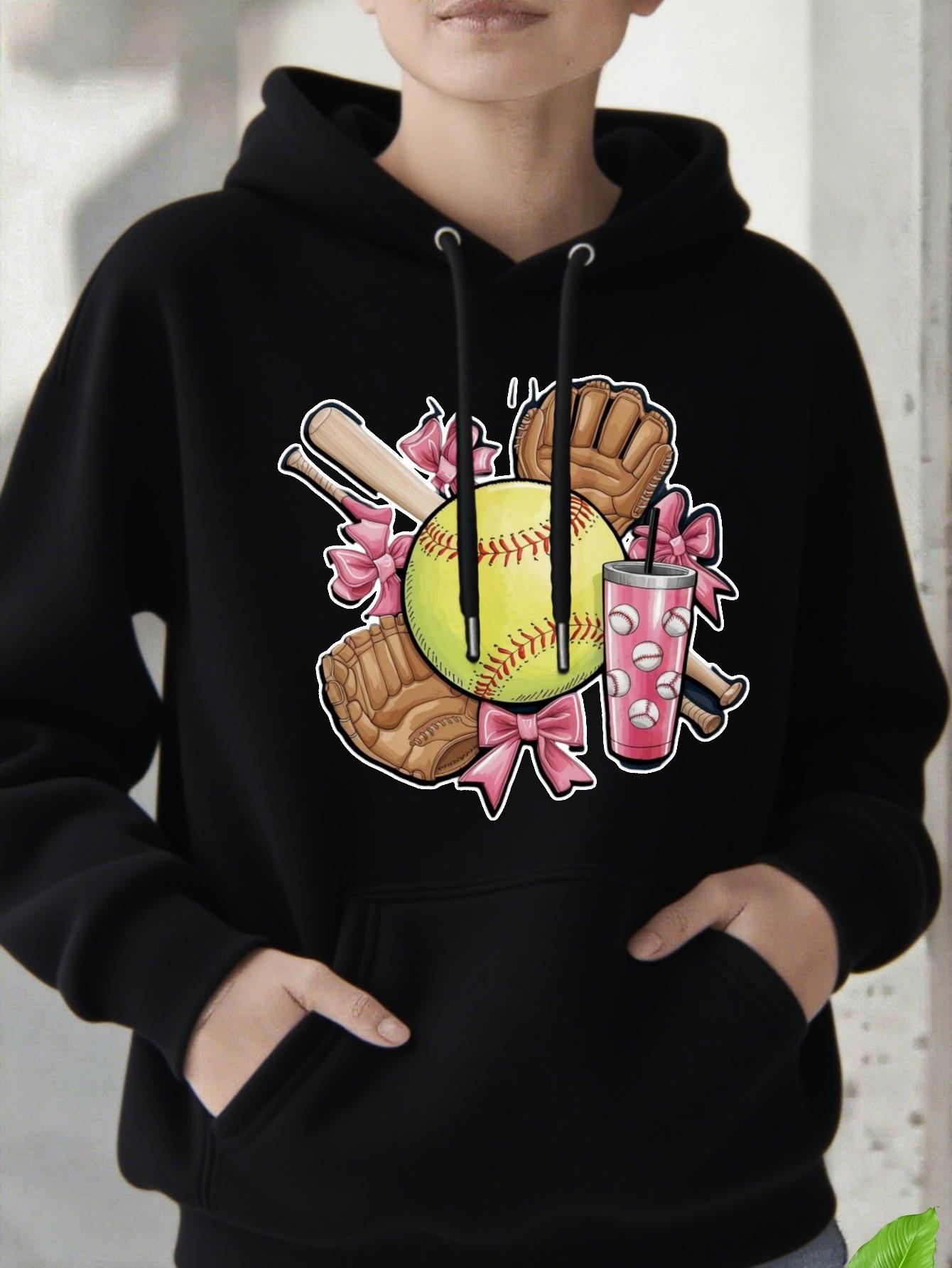 Tailorly Women's Printed Hoodie - Pink Ribbons With Softball Bats Gloves And Cheerful Yellow Ball