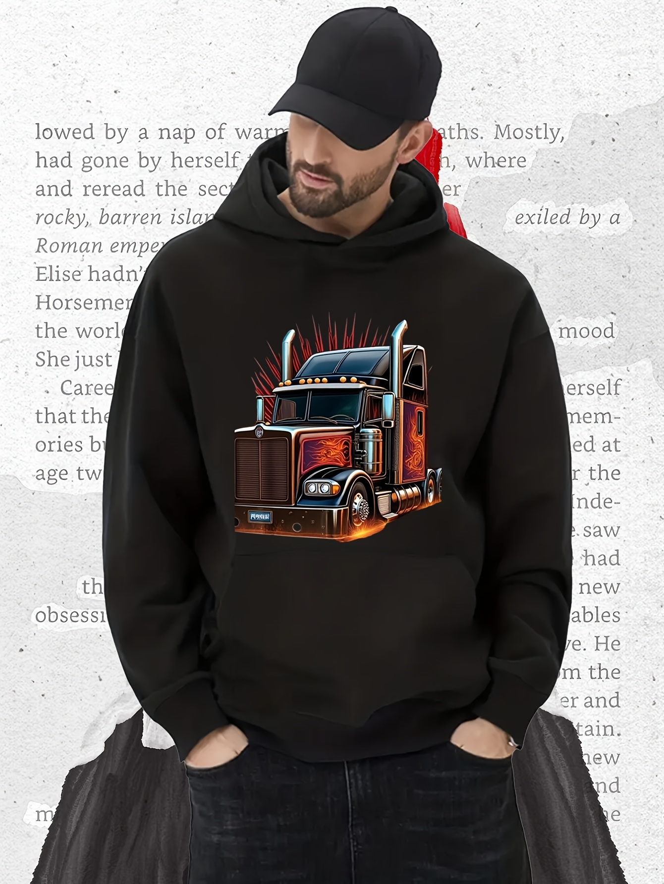 Tailorly Men's Printed Hoodie - Shining Highway Lights With Metal Grill And Headlamps Truck