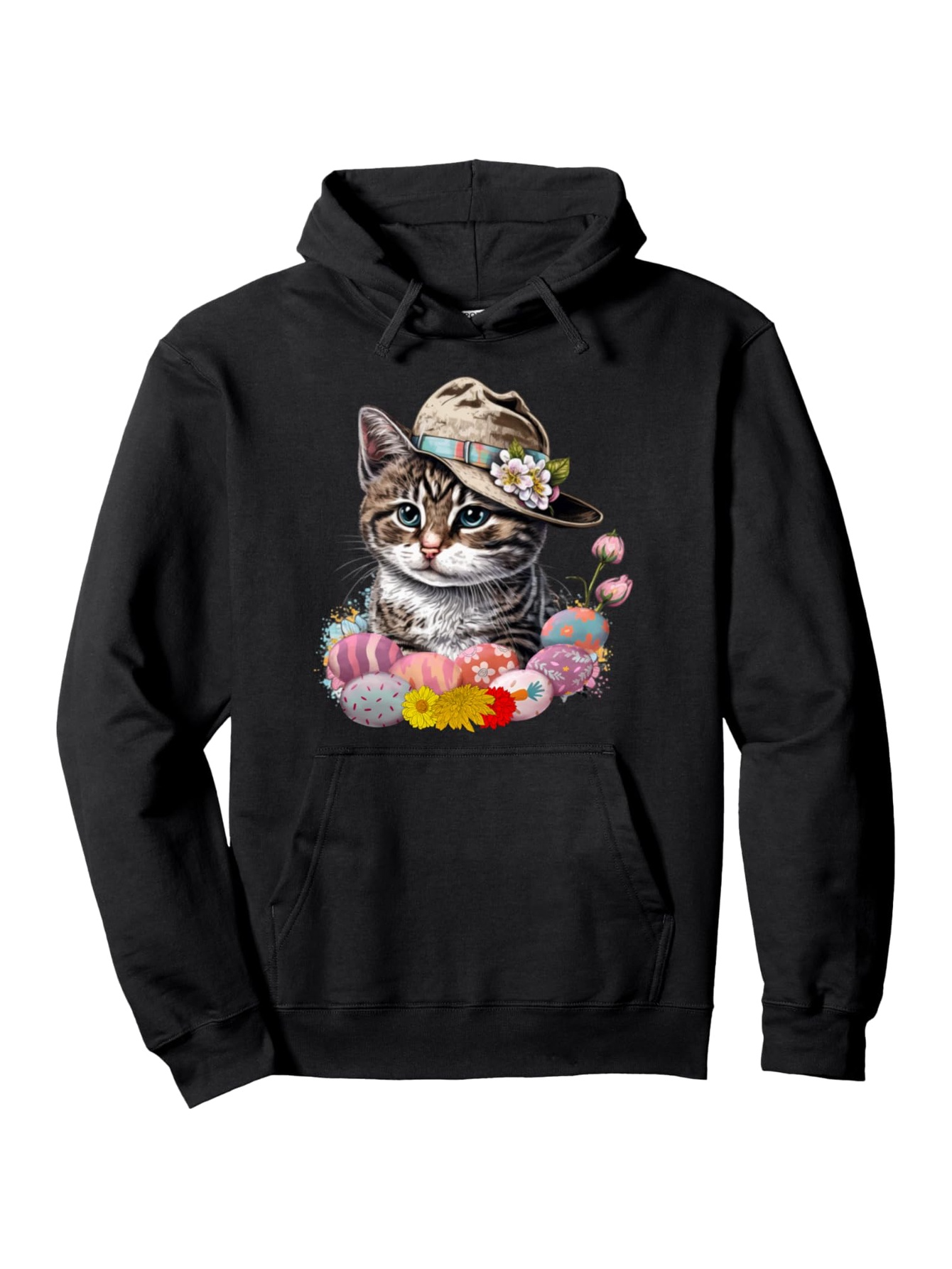 Tailorly Men's Printed Hoodie - Floral Garden With Cute Cat Wearing Camouflage Hat Surrounded By Flowers Cat