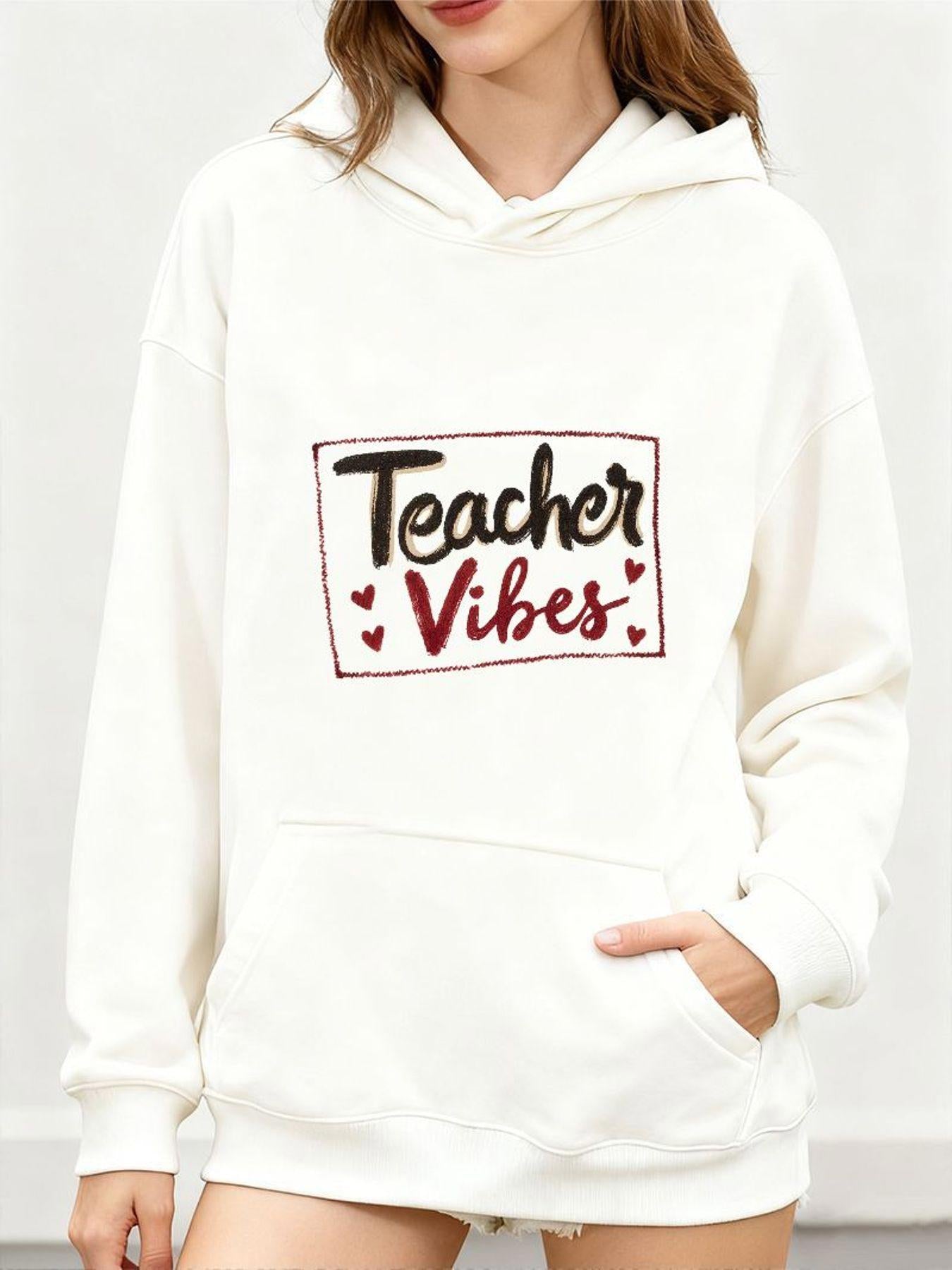 Tailorly Women's Printed Hoodie - Teacher Vibes Playful Hearts With Bold Framed Cheerful Lettering Hoodie