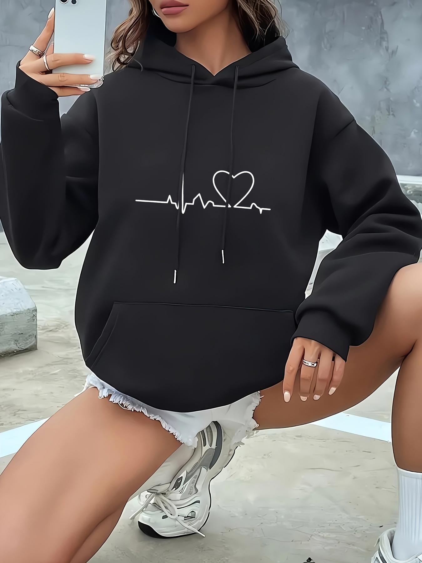 Tailorly Women's Printed Hoodie - Heartbeat Line Art With Minimalist Heart On Cozy Hoodie