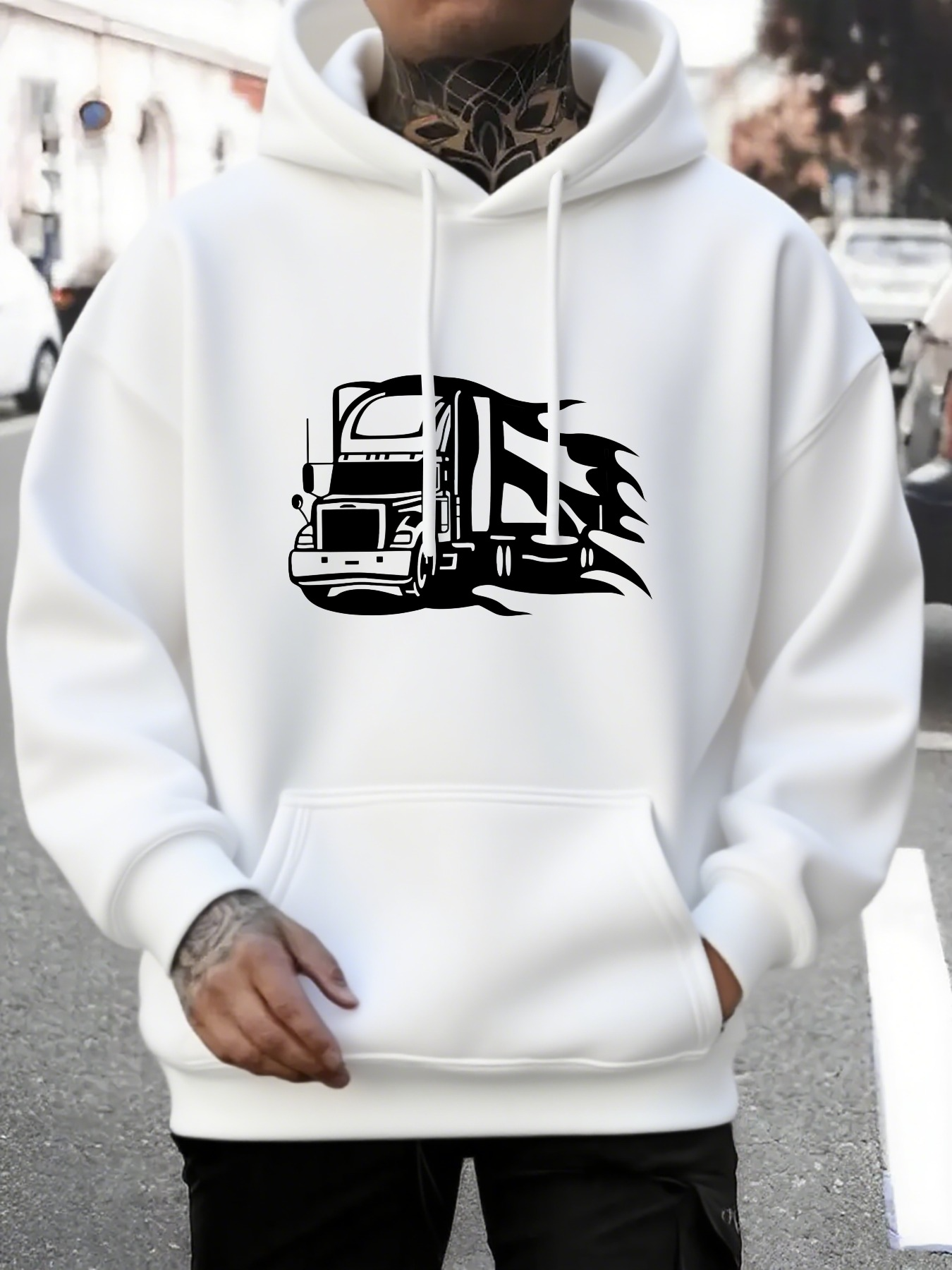 Tailorly Men's Printed Hoodie - Urban Journey With Flowing Lines And Moving Truck Graphic
