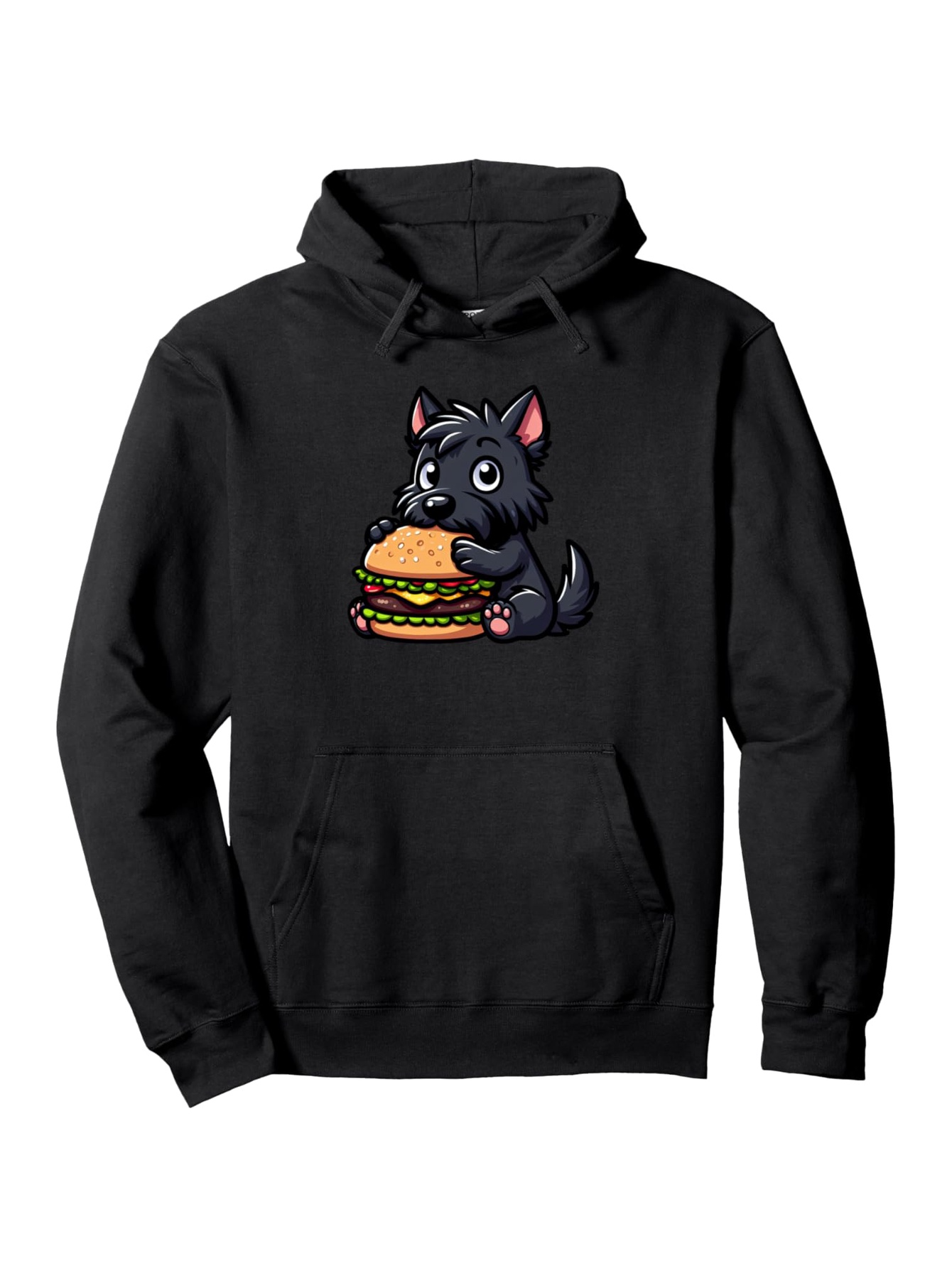Tailorly Men's Printed Hoodie - Adorable Black Puppy Holding Juicy Burger Under Soft Shaded Light